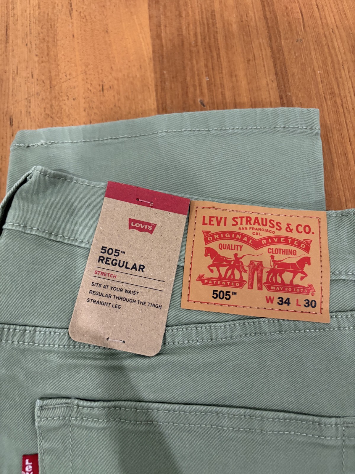 Levis 505 Jeans Men s Stretch Regular Fit Zip Olive 36×30 98% cotton