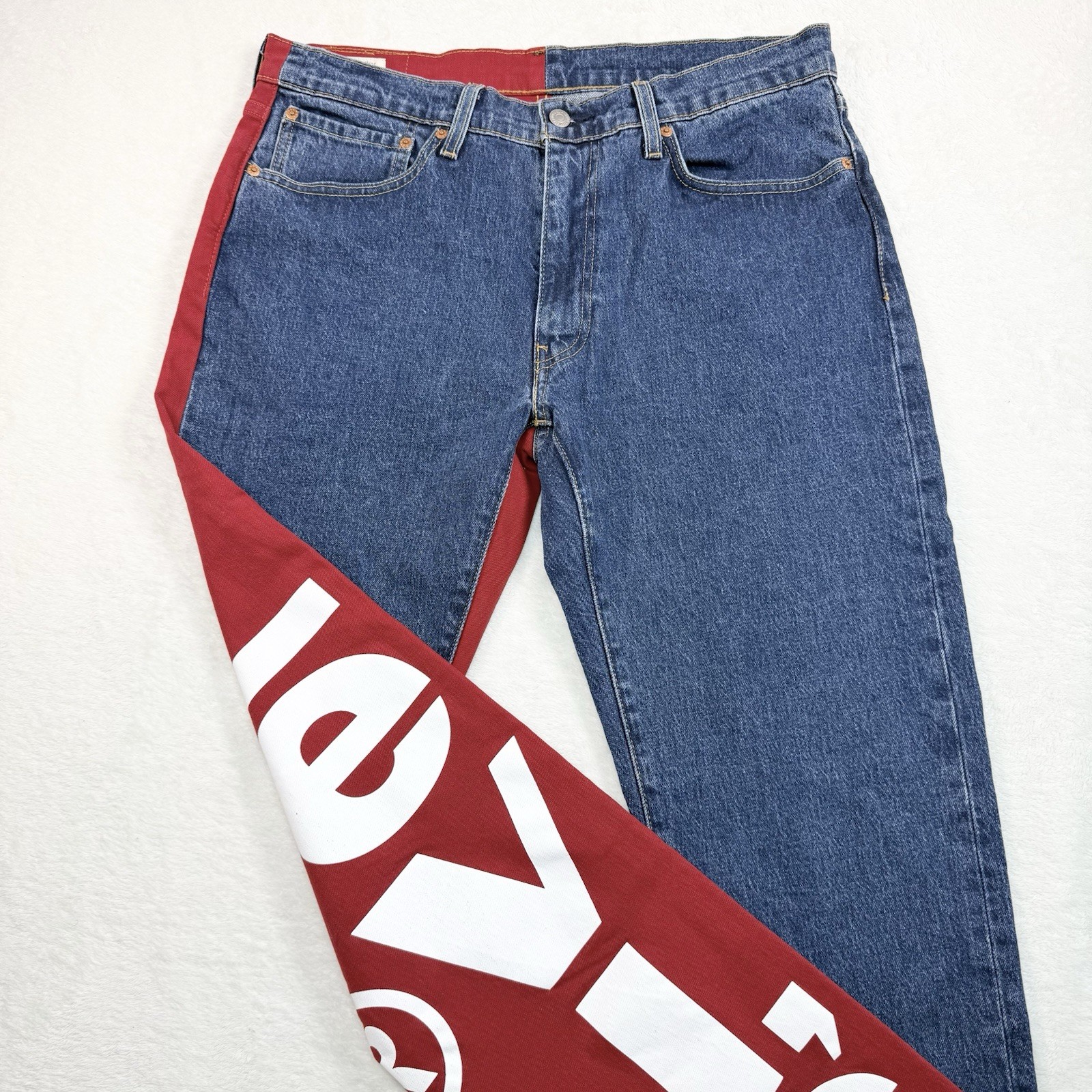 Levi’s 541 Color Block~RARE~Spell Out On Back Leg~Size 34X34~Logo~Blue Red Denim