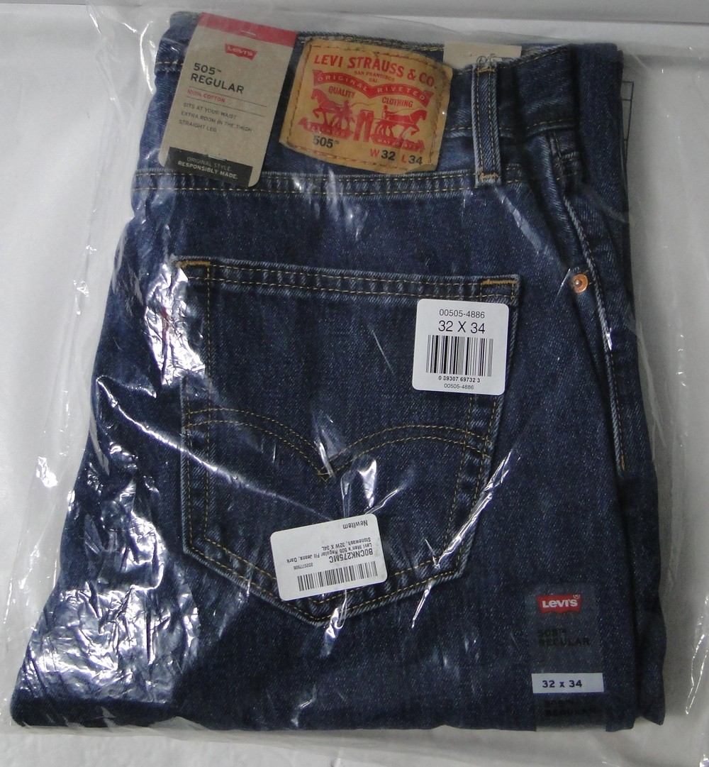 Levi Men’s 505 Regular Fit Jeans, Dark Stonewash, 32W X 34L NEW SEALED !