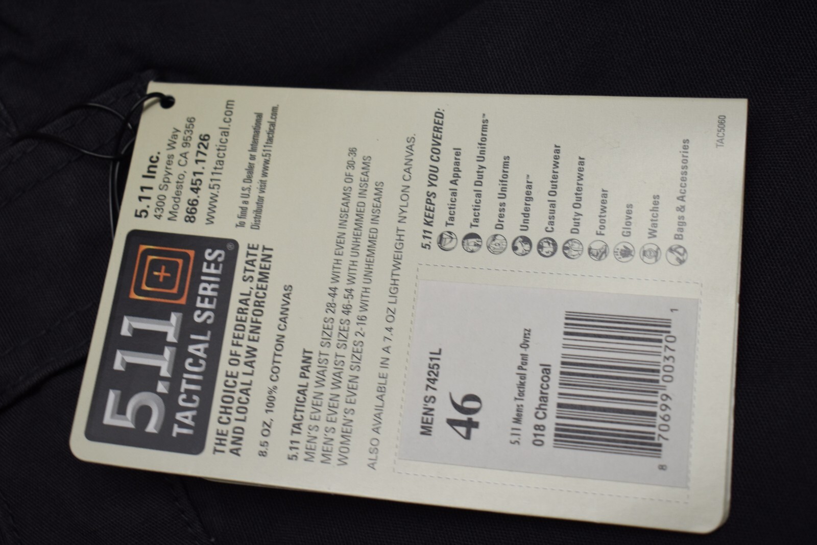 5.11 Mens Tactical BDU Utility Cargo Pants 74251 Charcoal Gray Size 46 Unhemmed