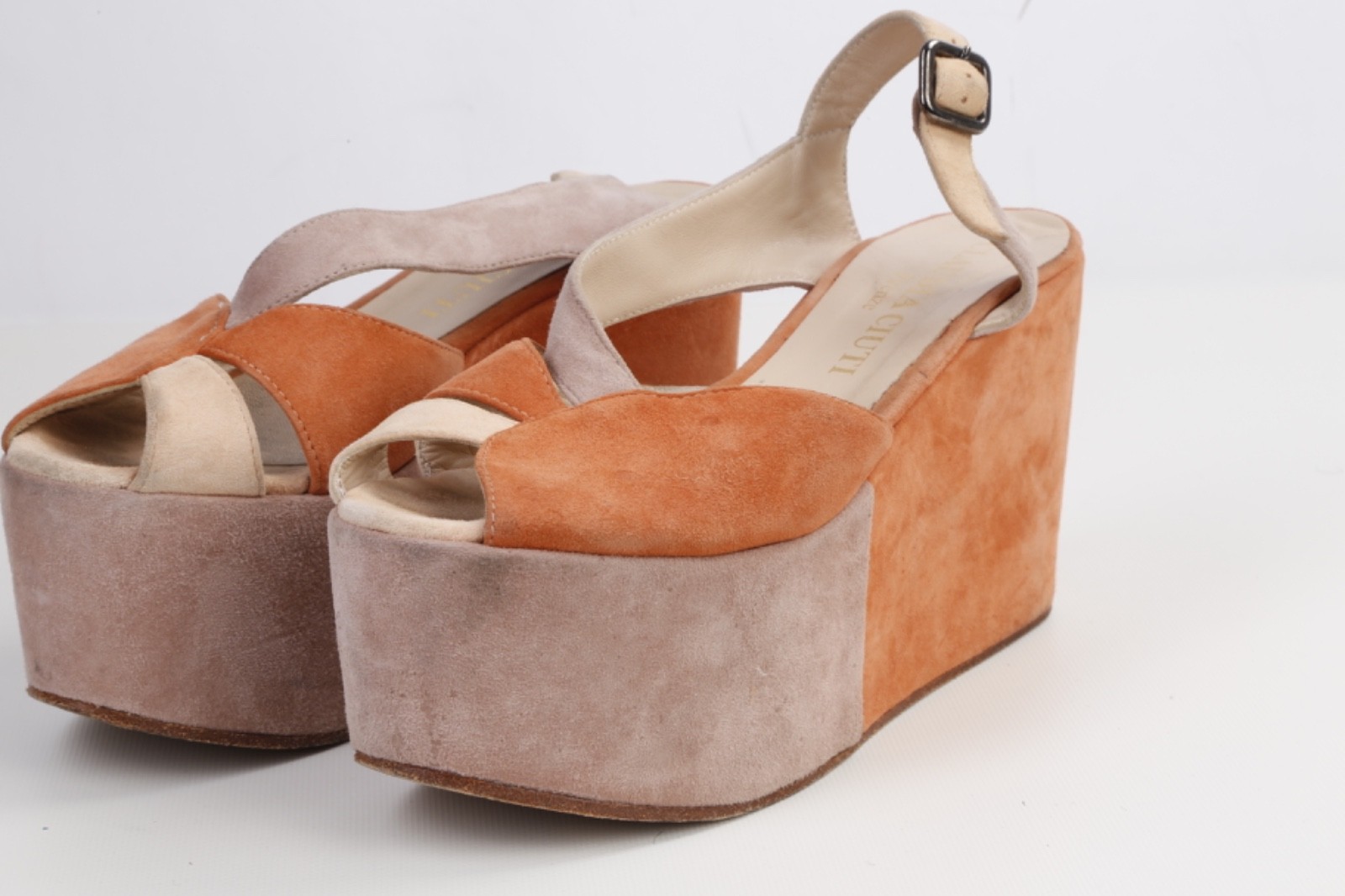 Claudia Ciuti Italian Suede Platform Wedge Sandals Tan Orange Colorblock Size 7M