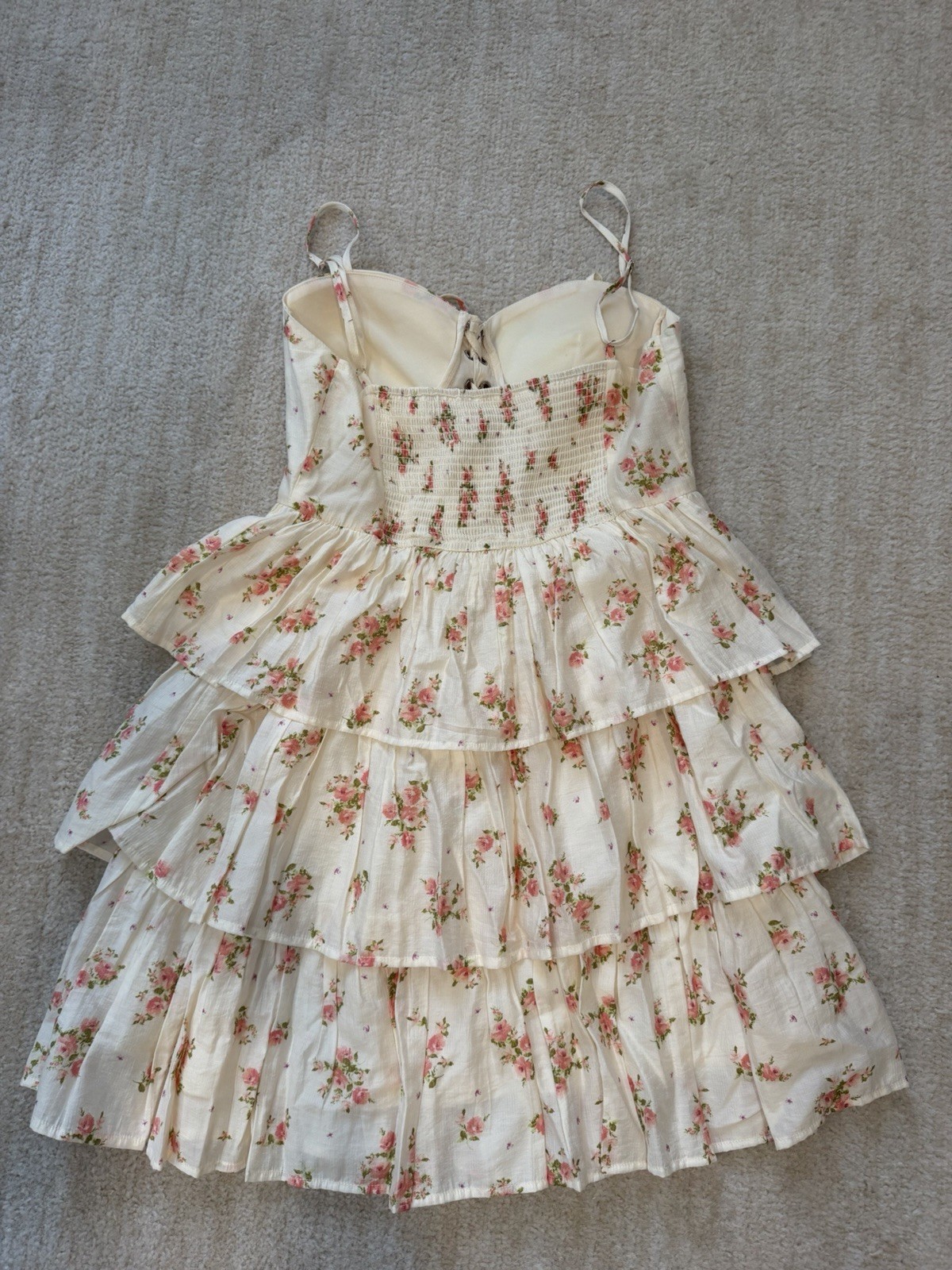 Altar’d State Ivory Pink Green Floral Sweetheart Smocked Lace-Up Mini Dress S