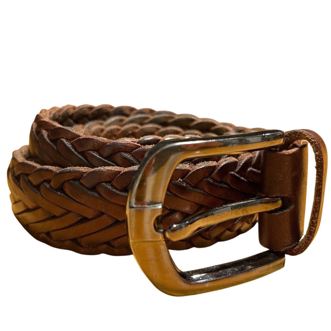 Braided Leather Belt Brown Silver Buckle 1.25″ Wide Size XL (52″ Strap)