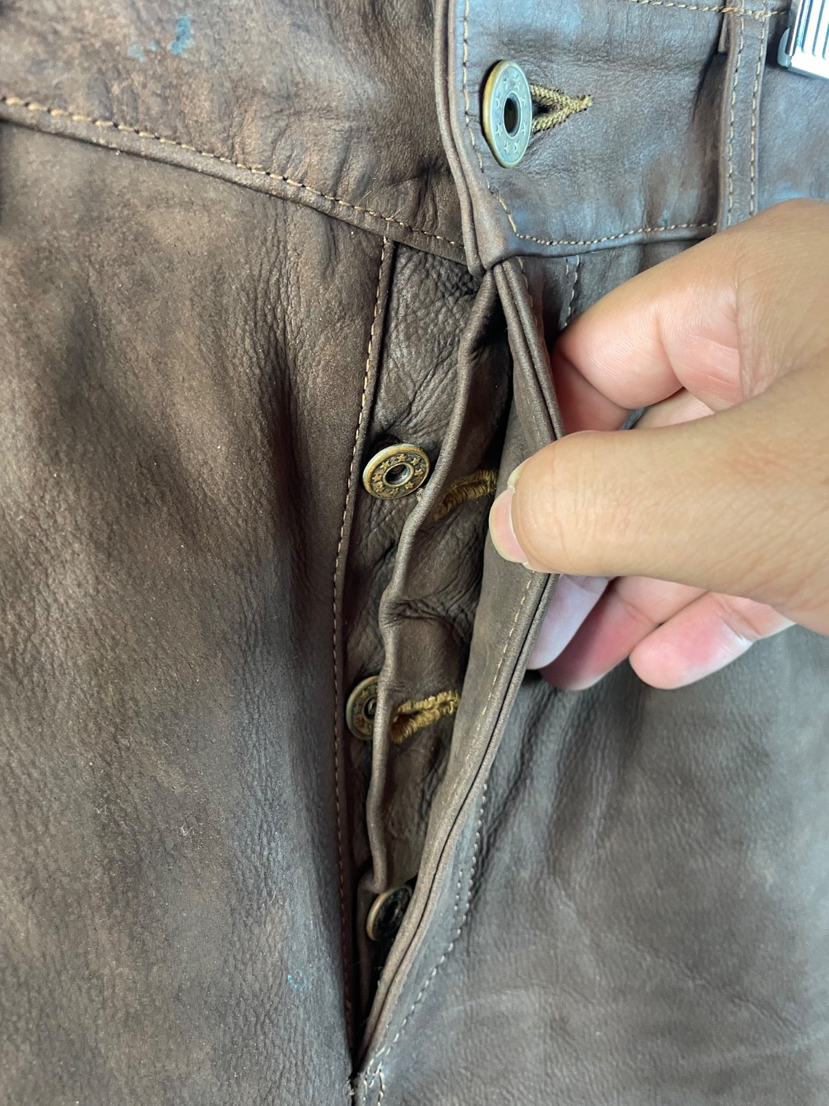 VACHETTE Button Down Viscose Jeans 34 Brown Cowhide Leather Mens
