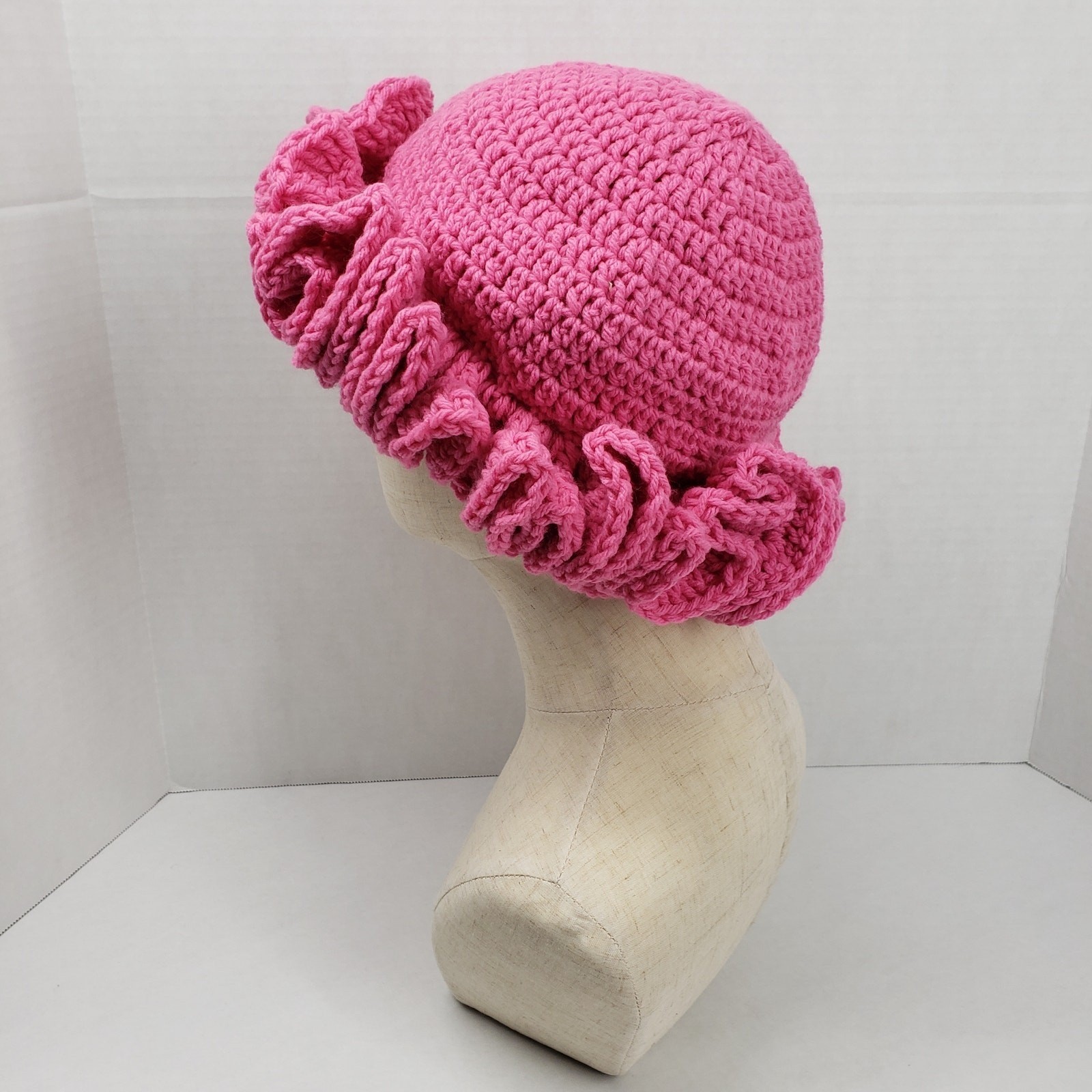Handmade Crochet Ruffle Hat Pink Statement Bonnet Cozy Winter Unique Artisan