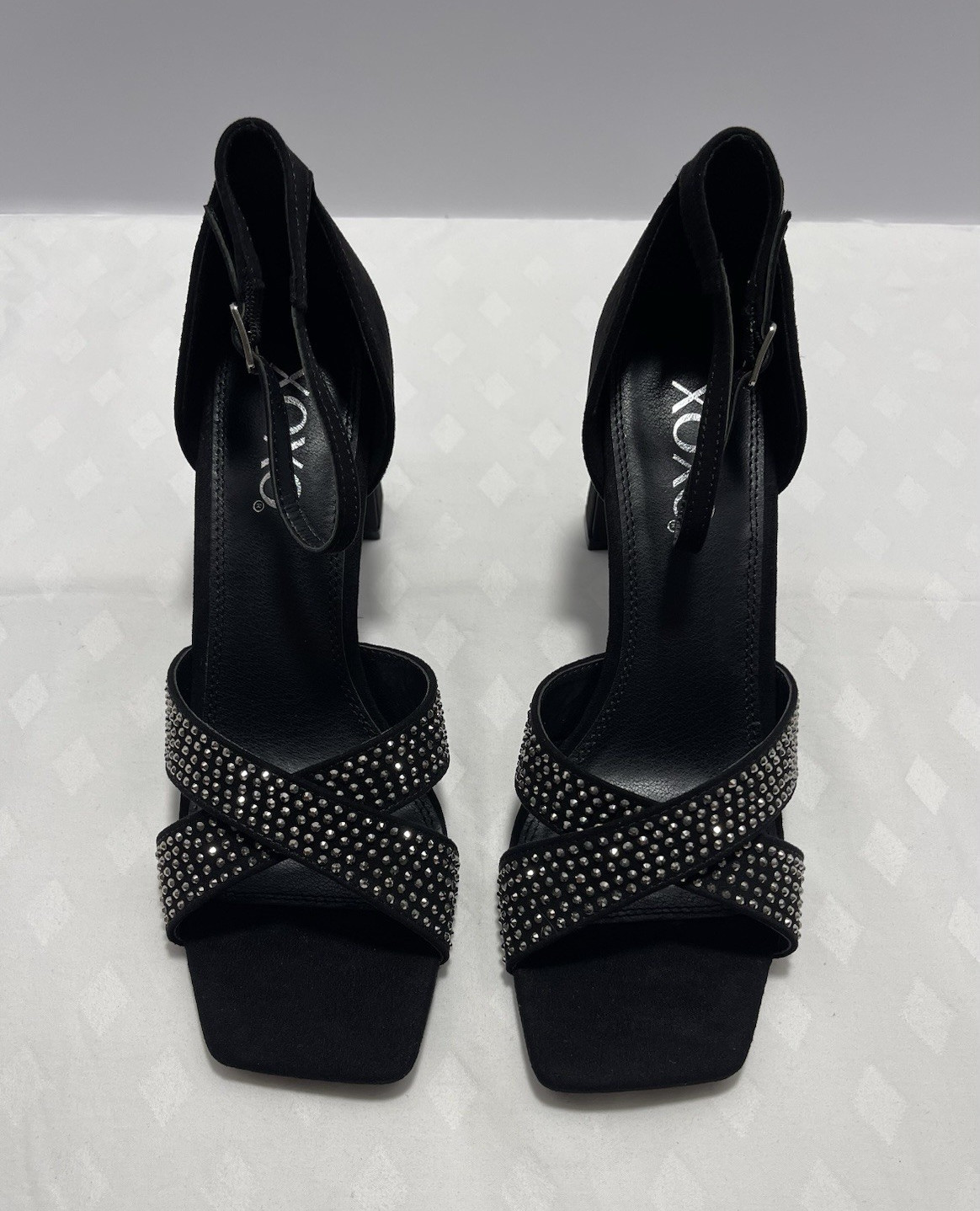 XOXO Women’s Black Studded Strappy Ankle Strap Square Toe Block Heels 8