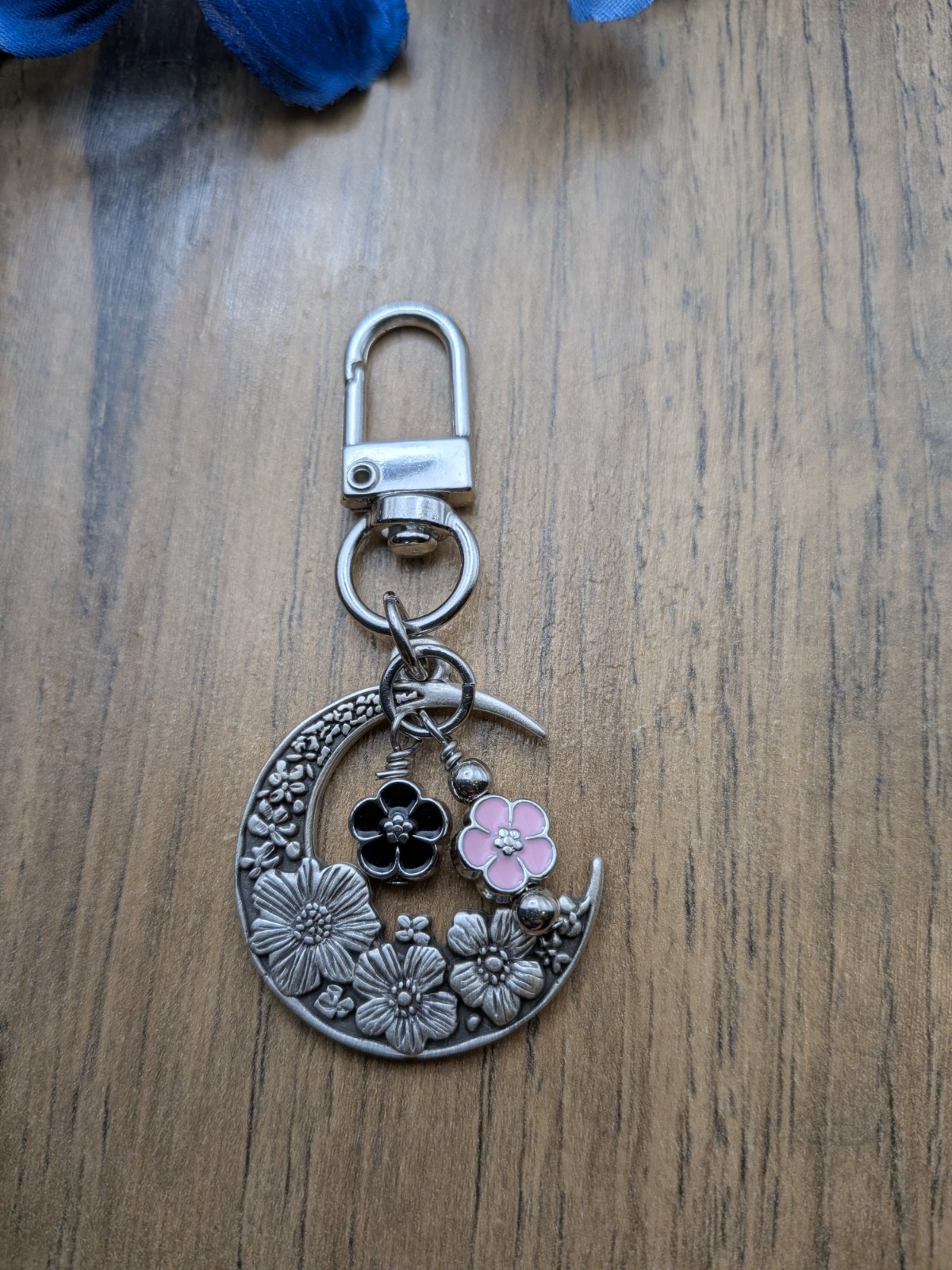 Crescent Moon Purse Charm Keychain, Celestial Gift, Flowers