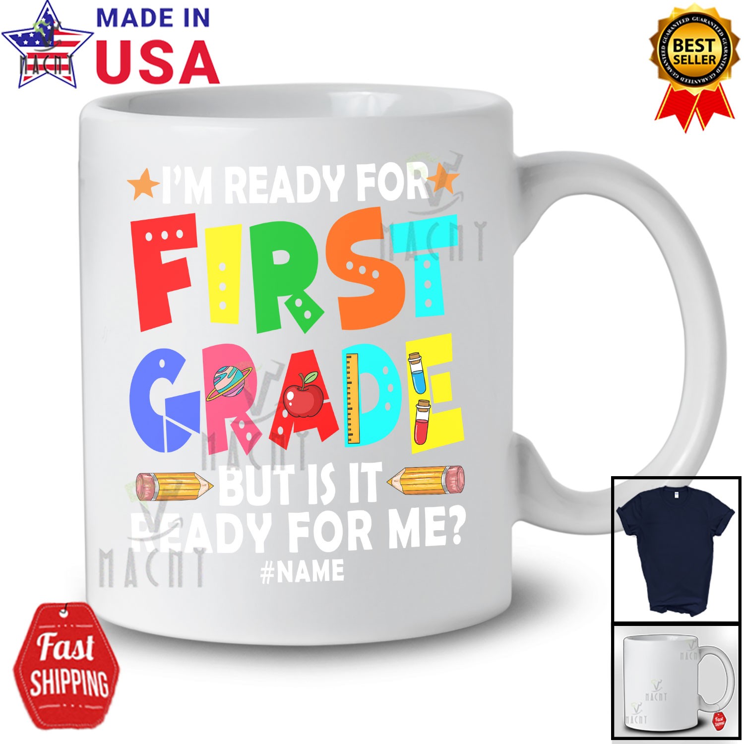 Custom Name Ready For First Grade; Humorous First Day Of School Pencils T-Shirt