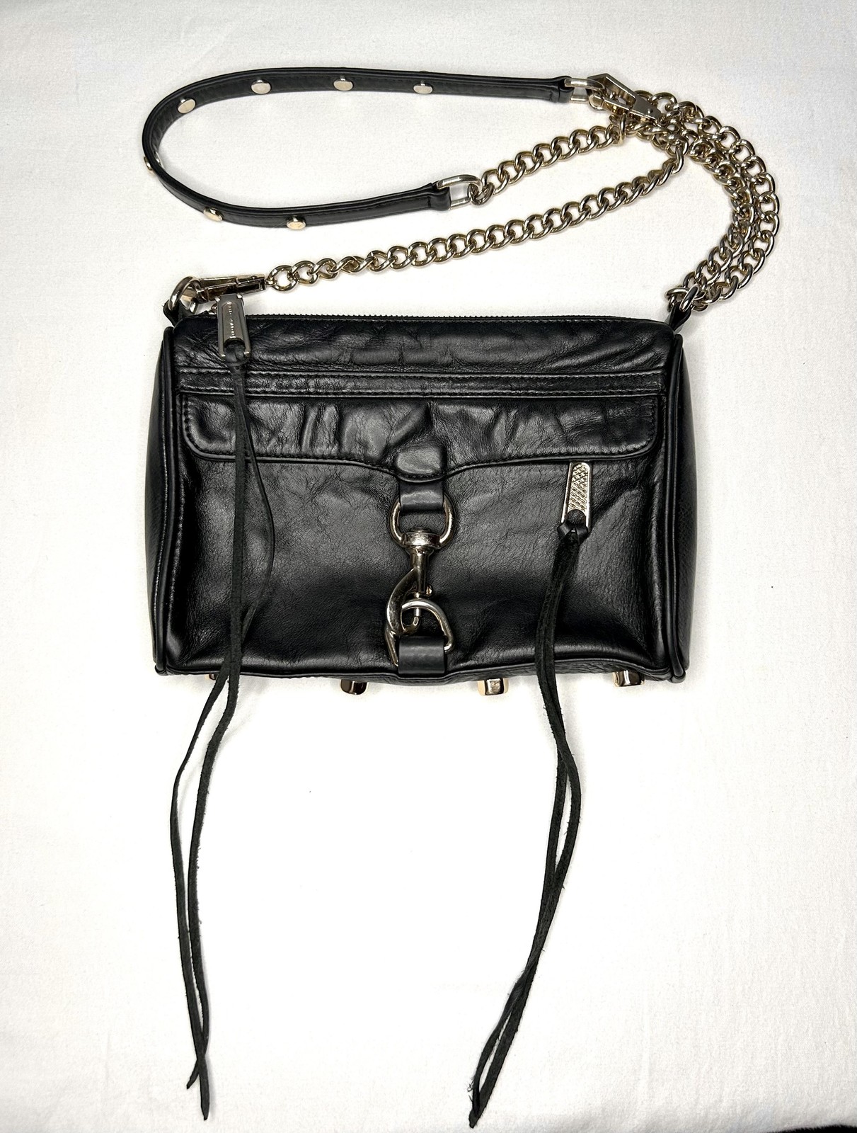 Rebecca Minkoff Purse Mini MAC Crossbody Clutch Bag Black Leather Chain Strap