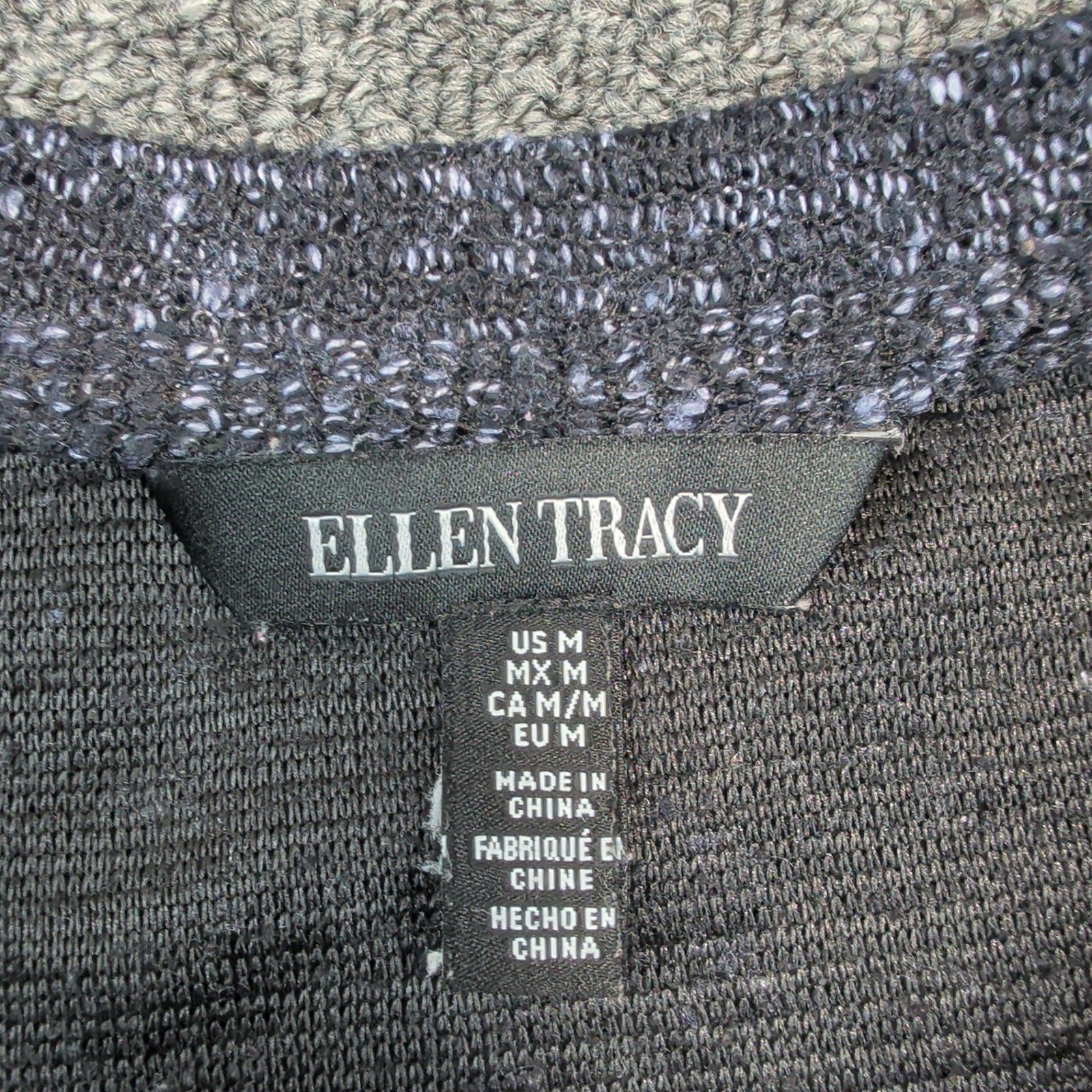 Ellen Tracy Knit Top M Navy Blue Gold Button Cuff Office Professional