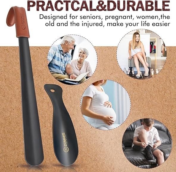 Metal Shoe Horn Long Handle for Seniors 16.5 Inches with 7.5 Inches Travel Shoe