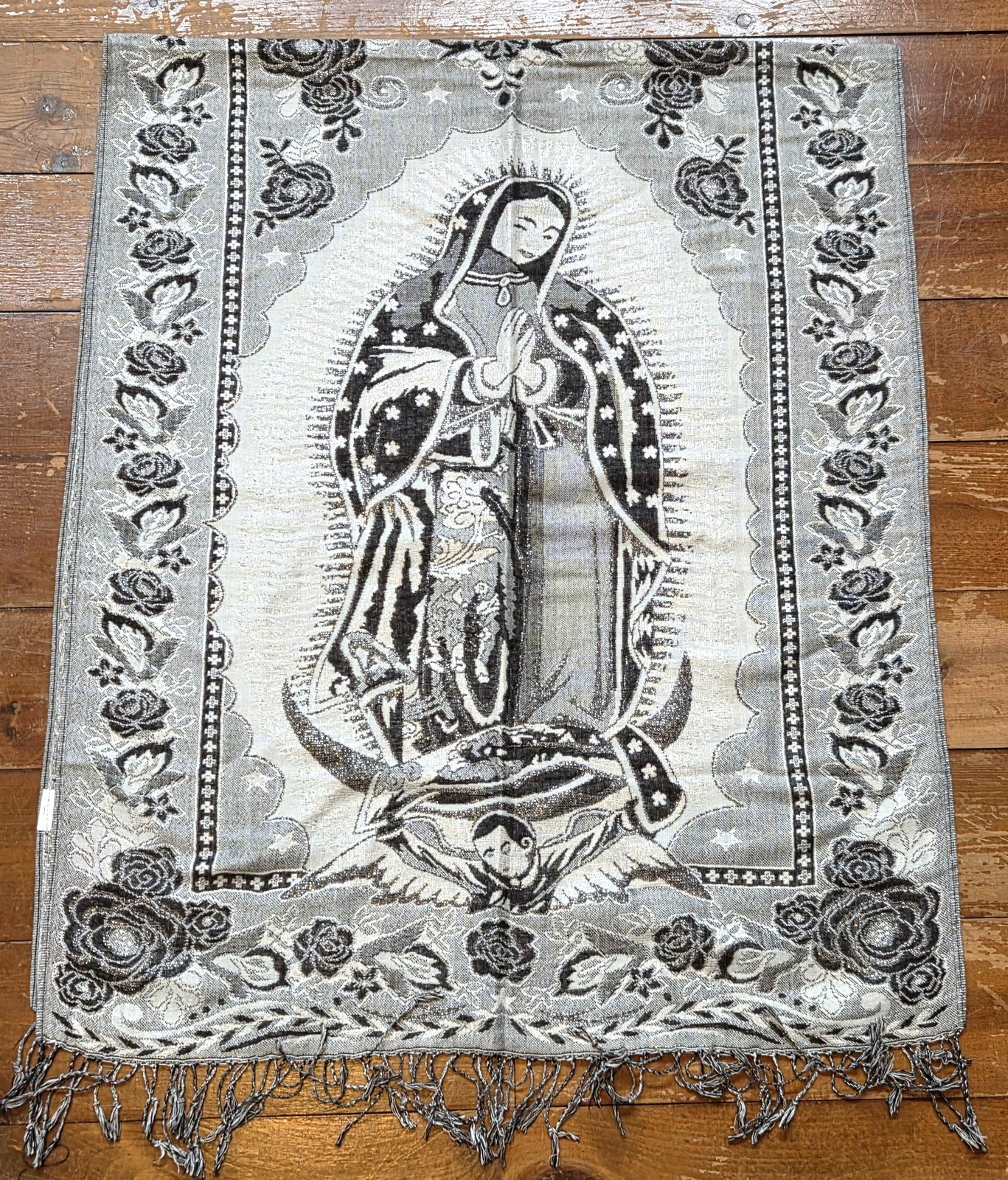 Our Lady of Guadalupe Scarf Wrap Shawl Multi-Functional 27″x65″ Fringe Metallic