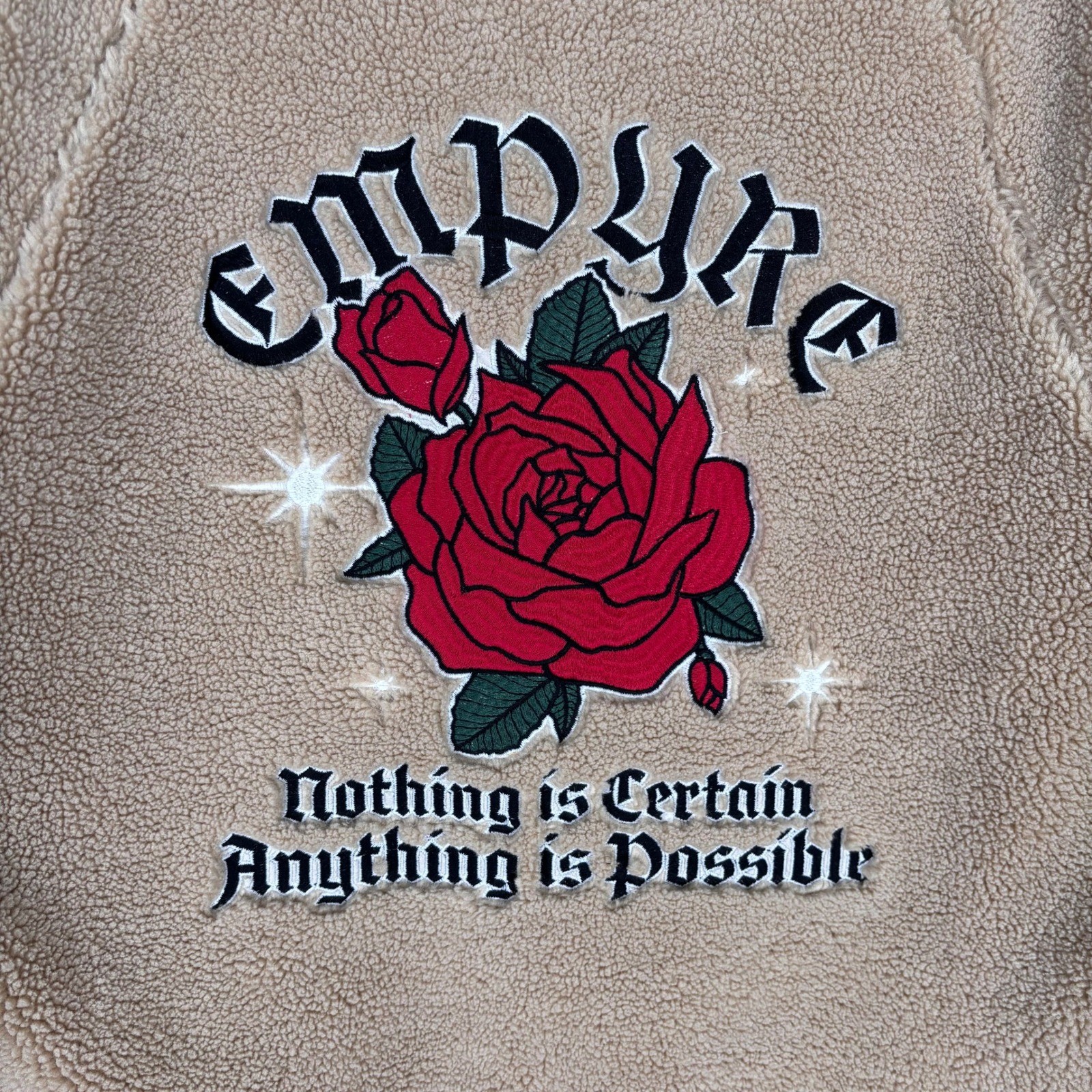 Empyre Sherpa Teddy Pullover Large Rose Embroidered Emma Chamberlain Cozy Grunge