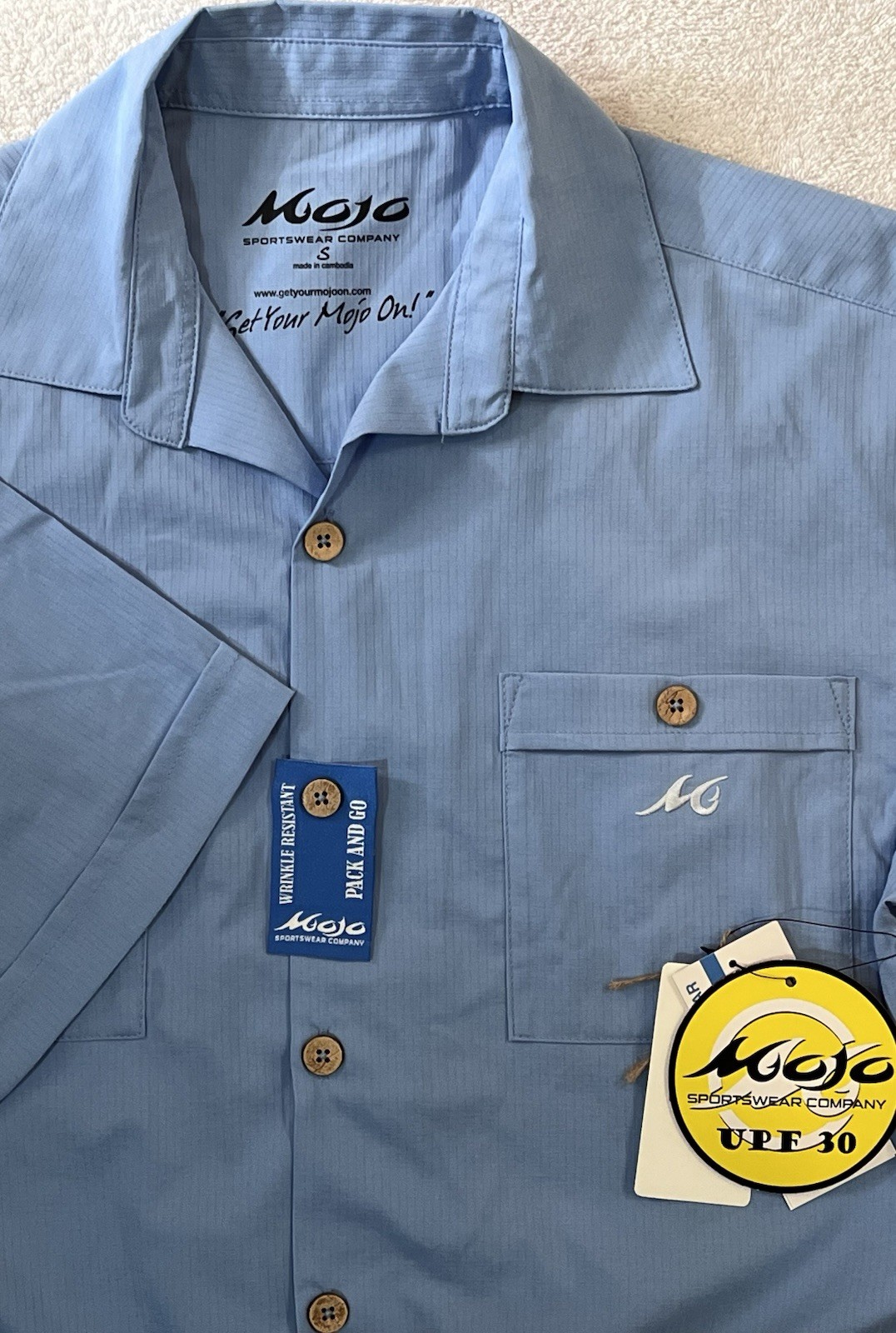 NWT MOJO Performance Wear Varadero Bay SS Fishing Shirt Button Heron Blue Cuban