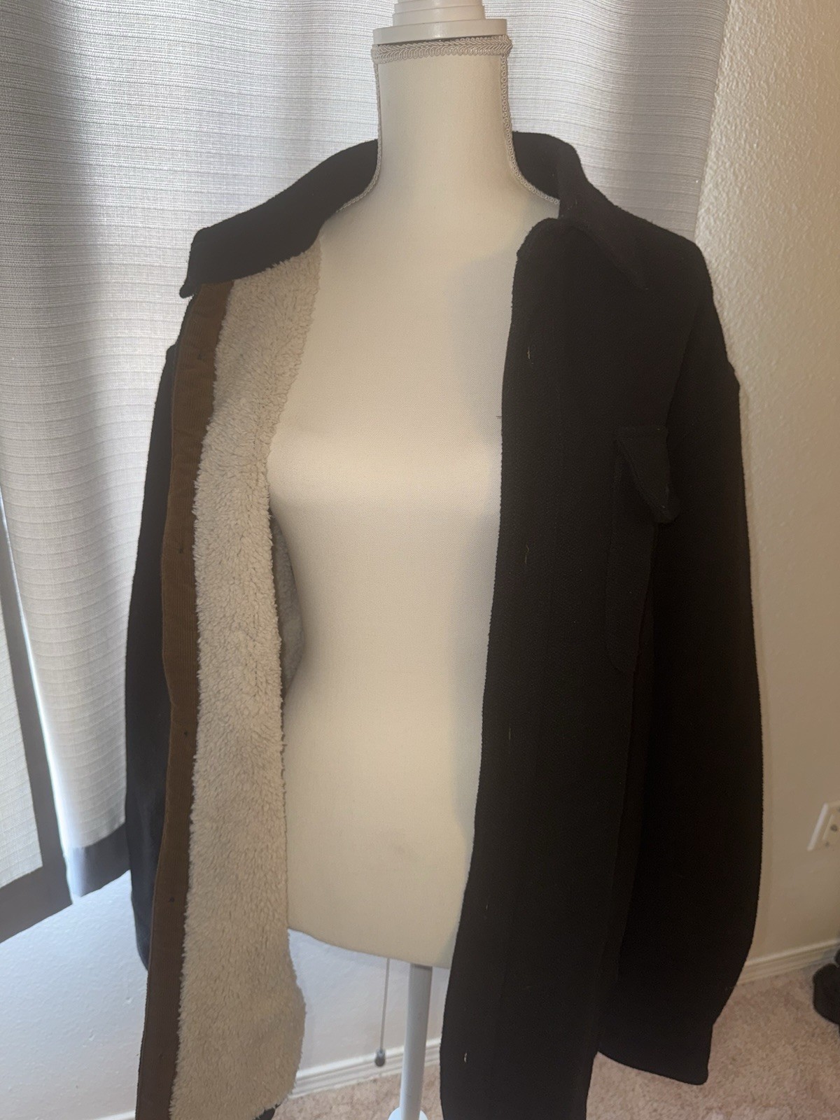 Jachs Men’s Black Sherpa Lined Jacket, Button Front, Point Collar, XL