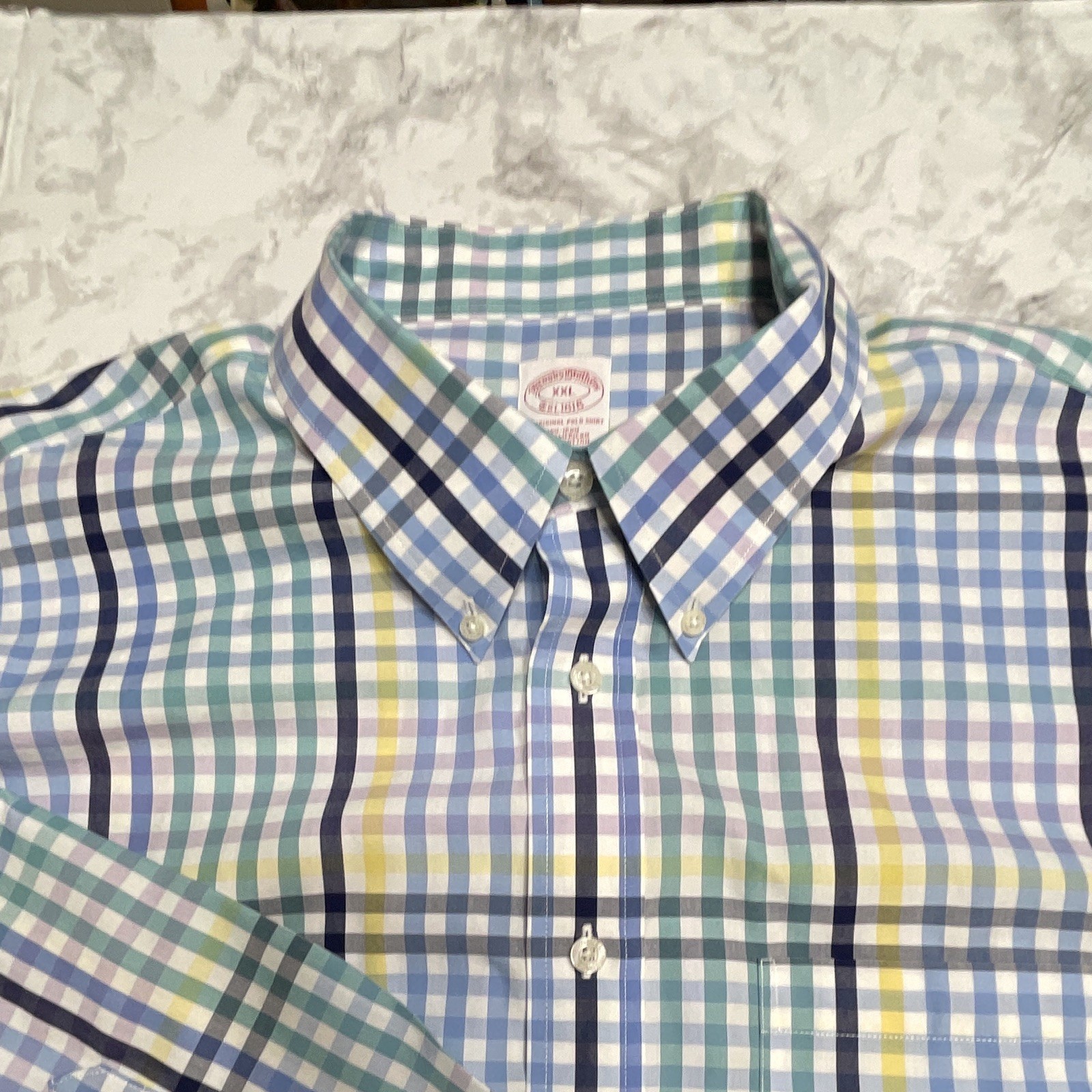 Brooks Brothers 1818 Supima Cotton Men’s XXL Blue/Green/Yellow Plaid NonIron🌵🪸