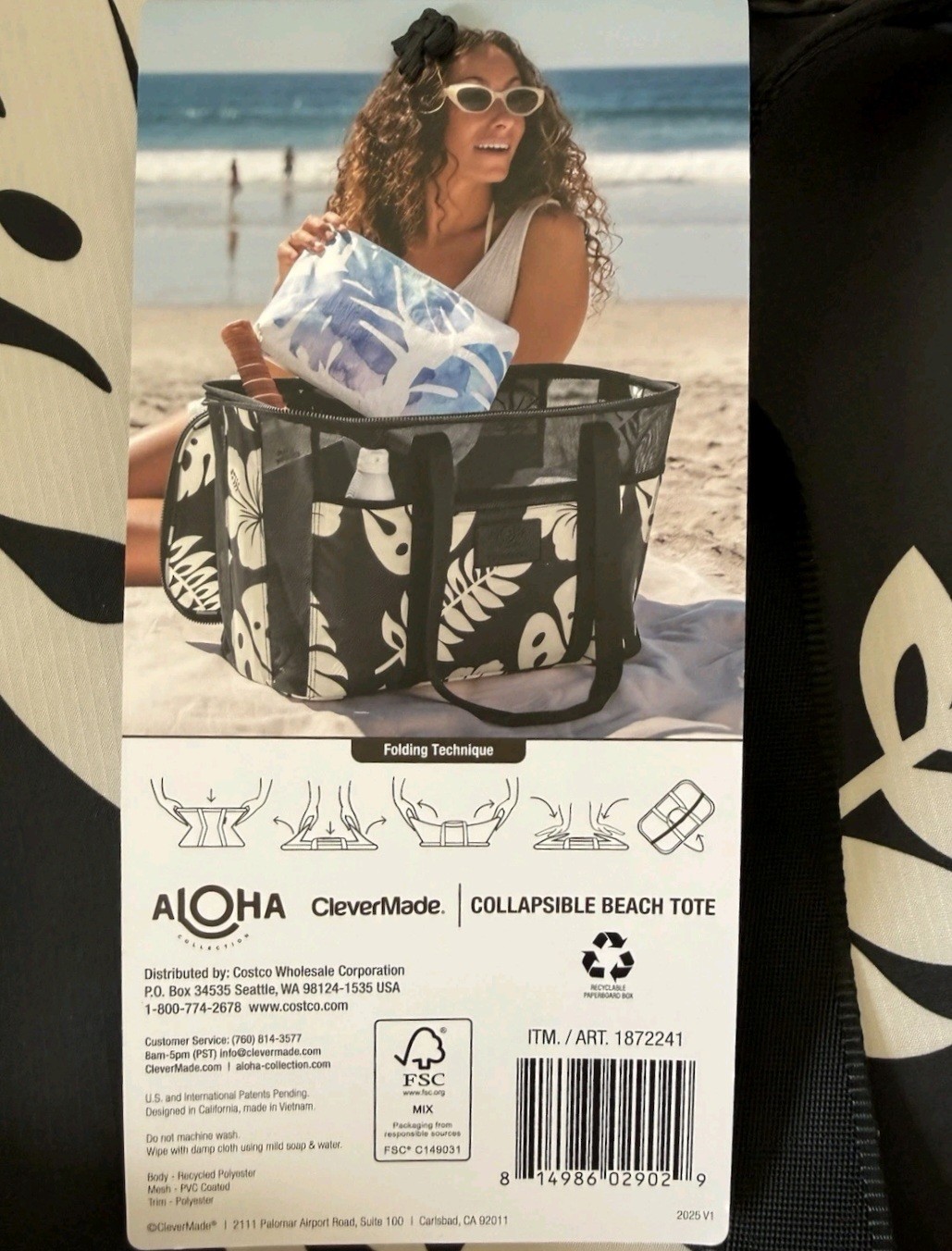 NWT Aloha Collection X Clevermade Collapsible Beach Tote Costco Black Tropical