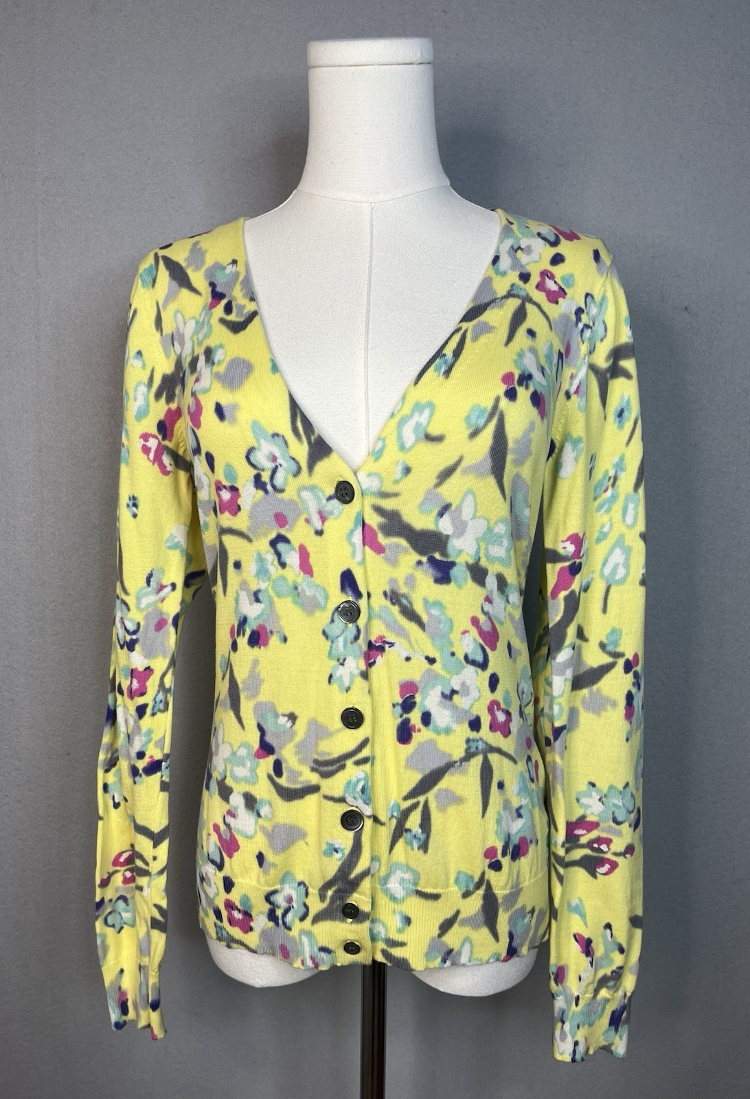 H&M Size S Yellow Floral Long Sleeve Button Up Cardigan Botanical High Tea Artsy