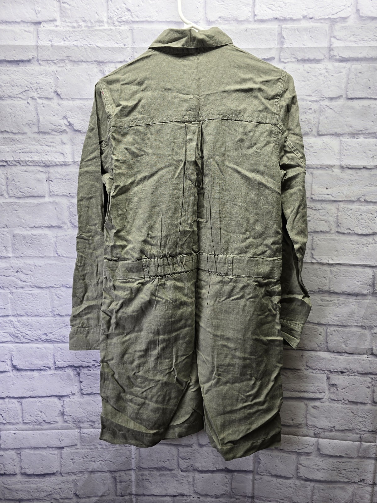Beach Lunch Lounge Utility Dress Roll Tab Sleeve Pockets Tan Linen Blend, XS