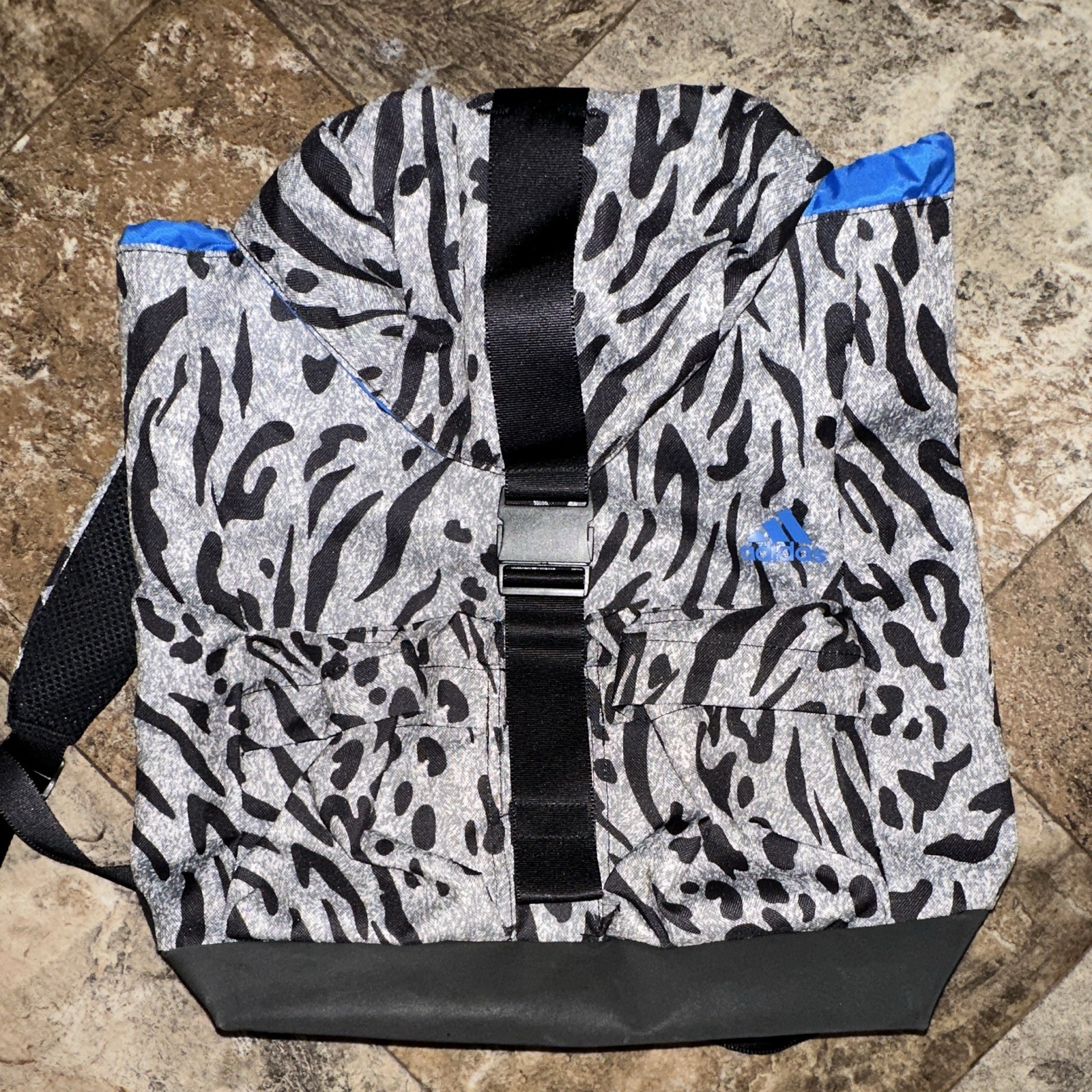 adidas by Stella McCartney Animal Print Backpack Gray/Black/Blue, Buckle