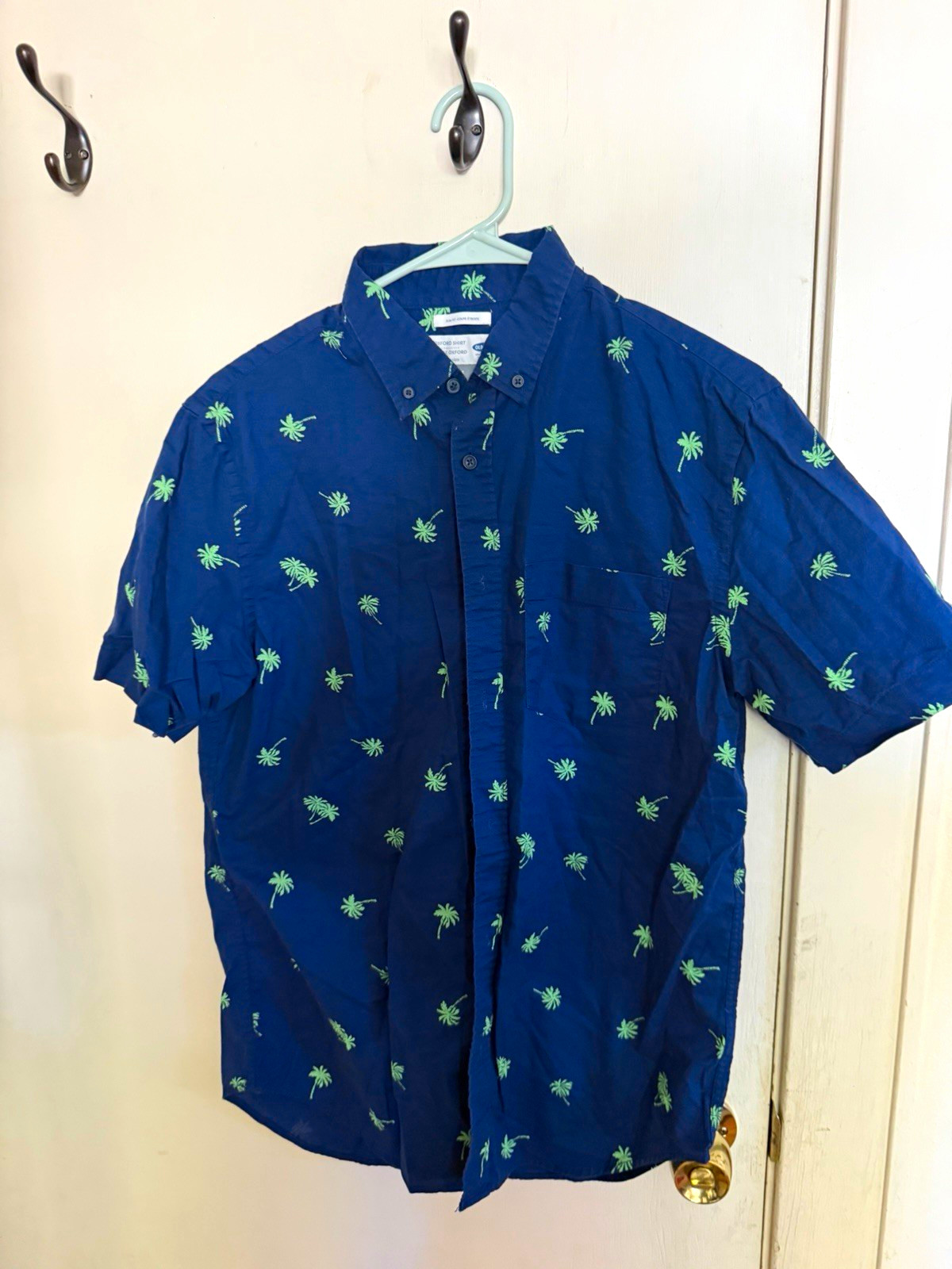 Men’s XS Blue/Green Palm Tree Woven Cotton Button-Down Shirt Pockets