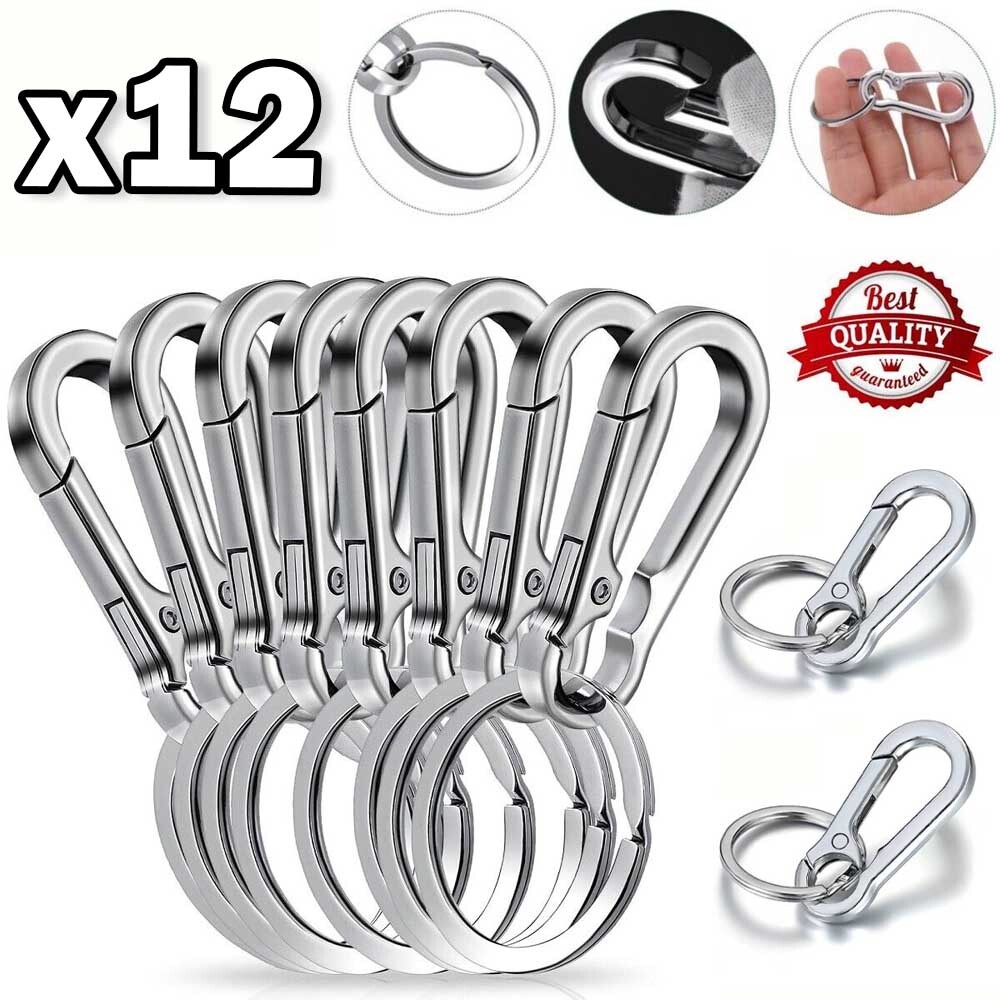 12PCS Keychain Key Ring Carabiner Clip Keyring Chain Fob Holder Silver Metal USA