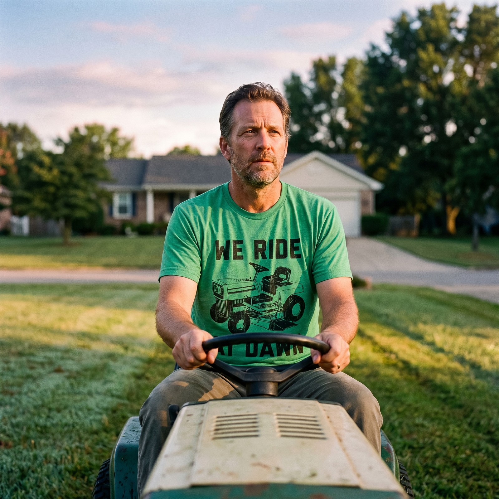 Mens We Ride At Dawn T Shirt Funny Sarcastic Lawn Mower Grass Cutting Joke Tee