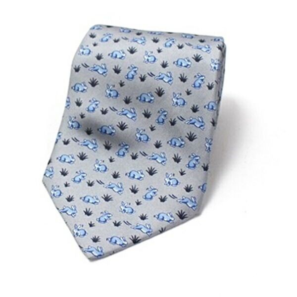 Hermès Silk Necktie Rabbit Pattern Used A Rank Gray Blue 9cm Mens