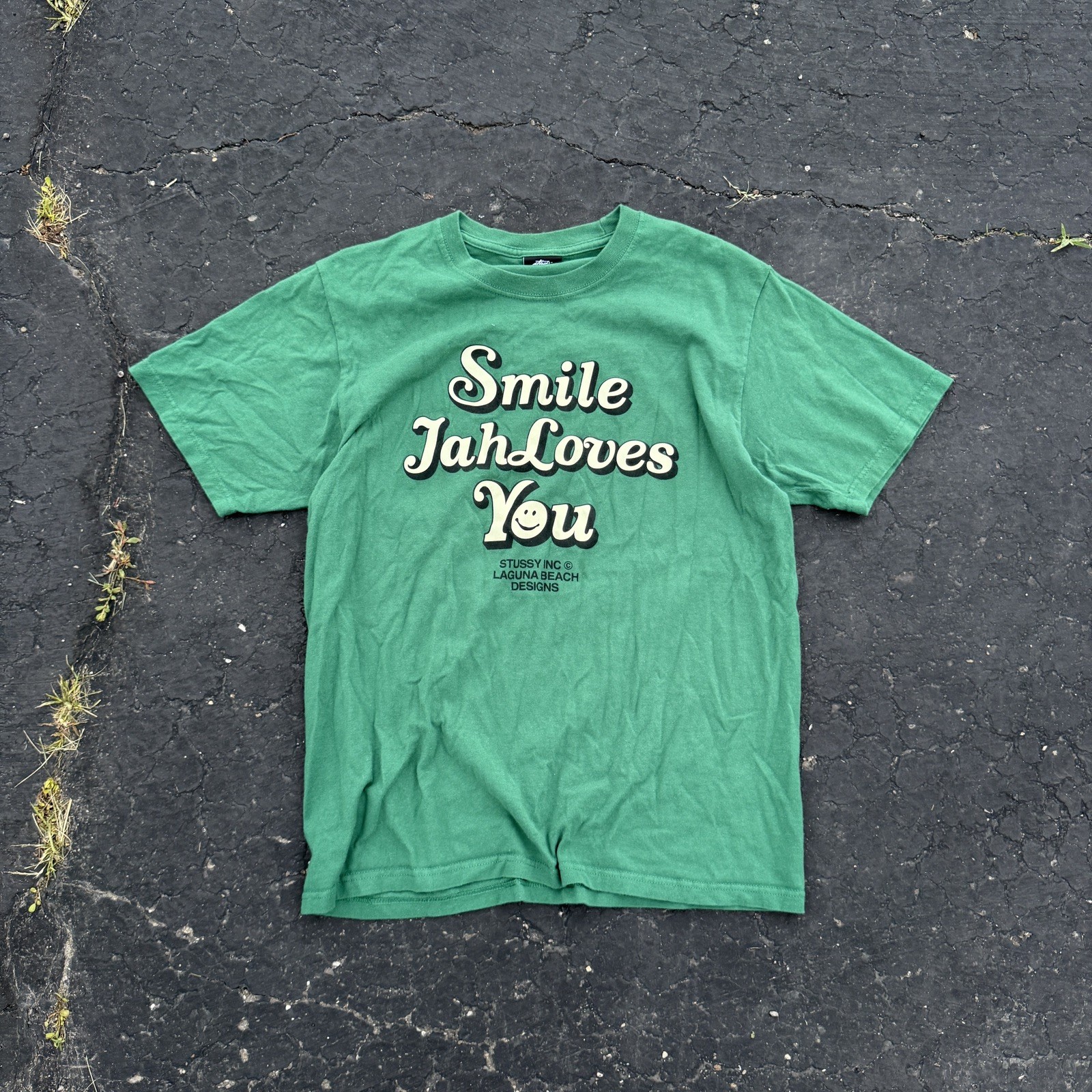 Stussy T Shirt Mens Large White Smile Jah Loves You Laguna Beach Rasta Marley
