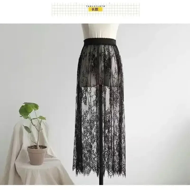 New Women Sexy Mesh Lace Transparent Long Tulle Skirt Fashion Elastic High Waist
