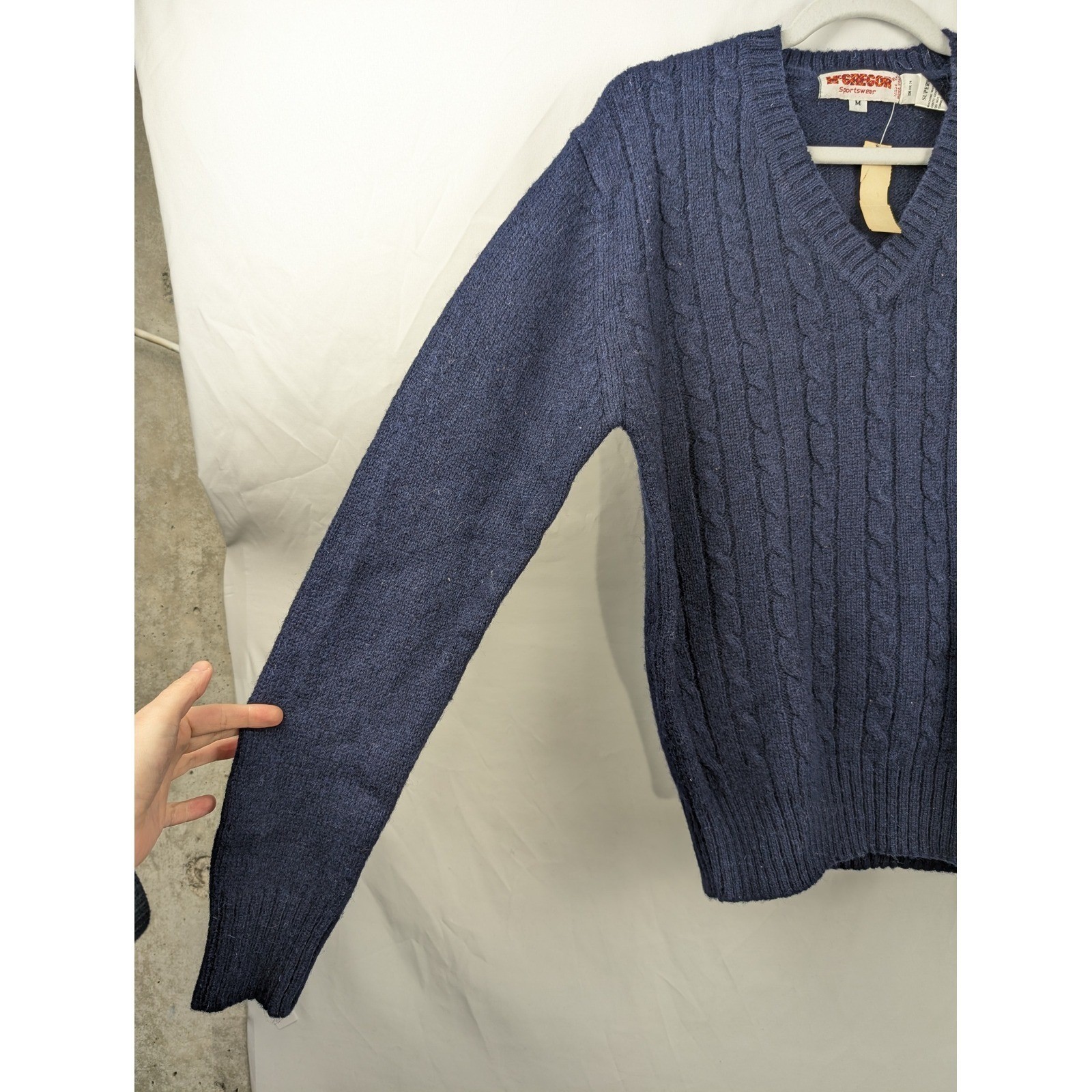 Vintage McGregor Mens Cable Knit Wool Sweater Sz M Navy Blue Fisherman Deadstock