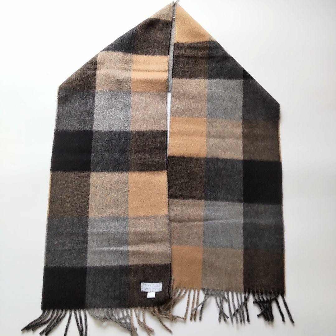 Joshua Ellis Cashmere Scarf Block Check Gray Beige Reversible Fringe Men Women