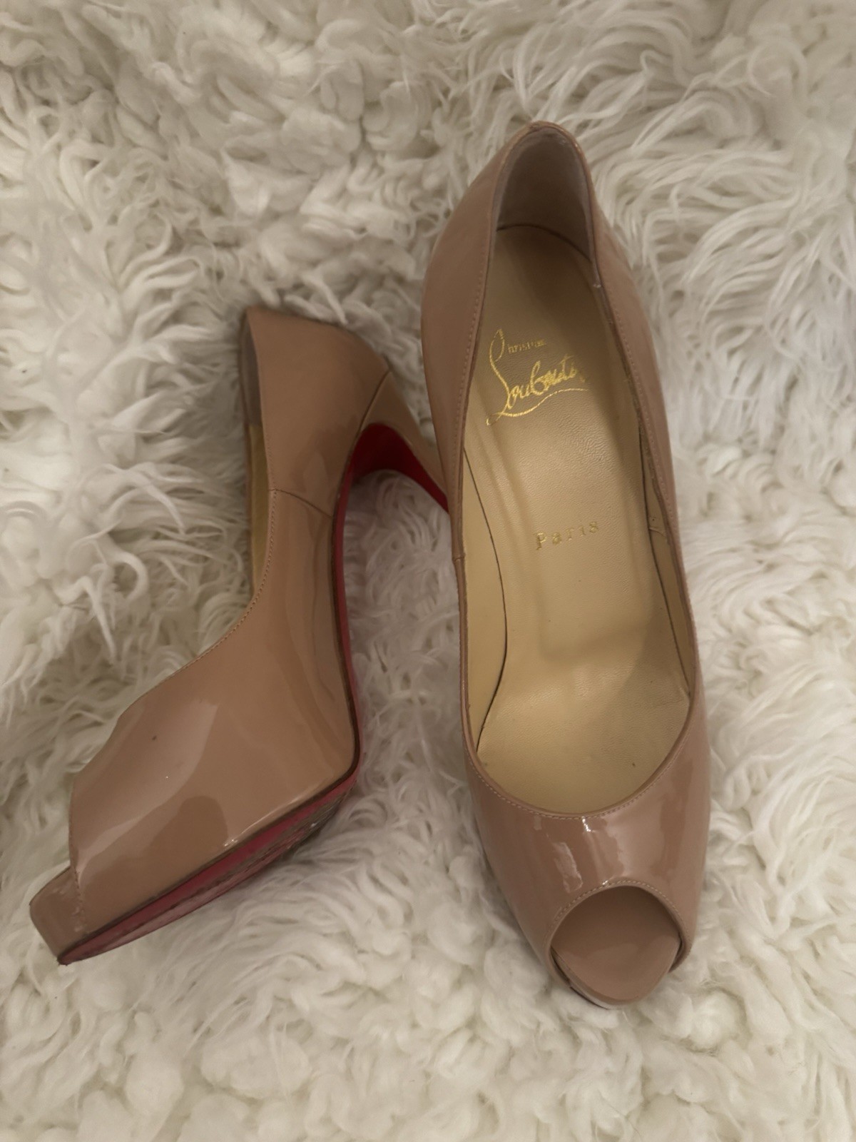 Authentic Christian Louboutin Classic Nude Patent Leather Peep Toe Pumps 37.5