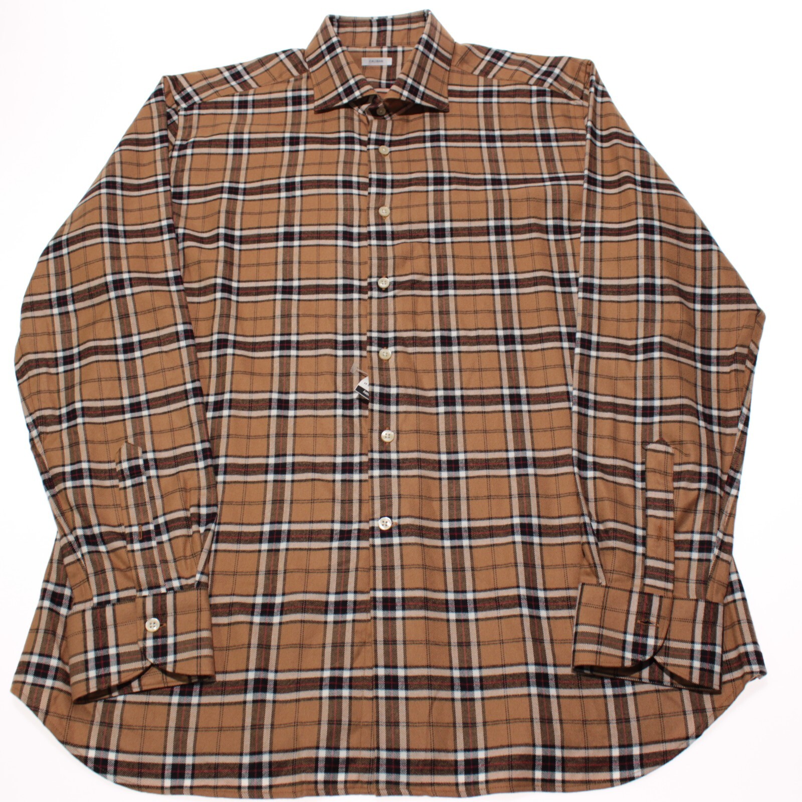 Caliban NWOT Dress Shirt Size 44 17.5 in Brown/Multicolor Plaid Cotton Blend