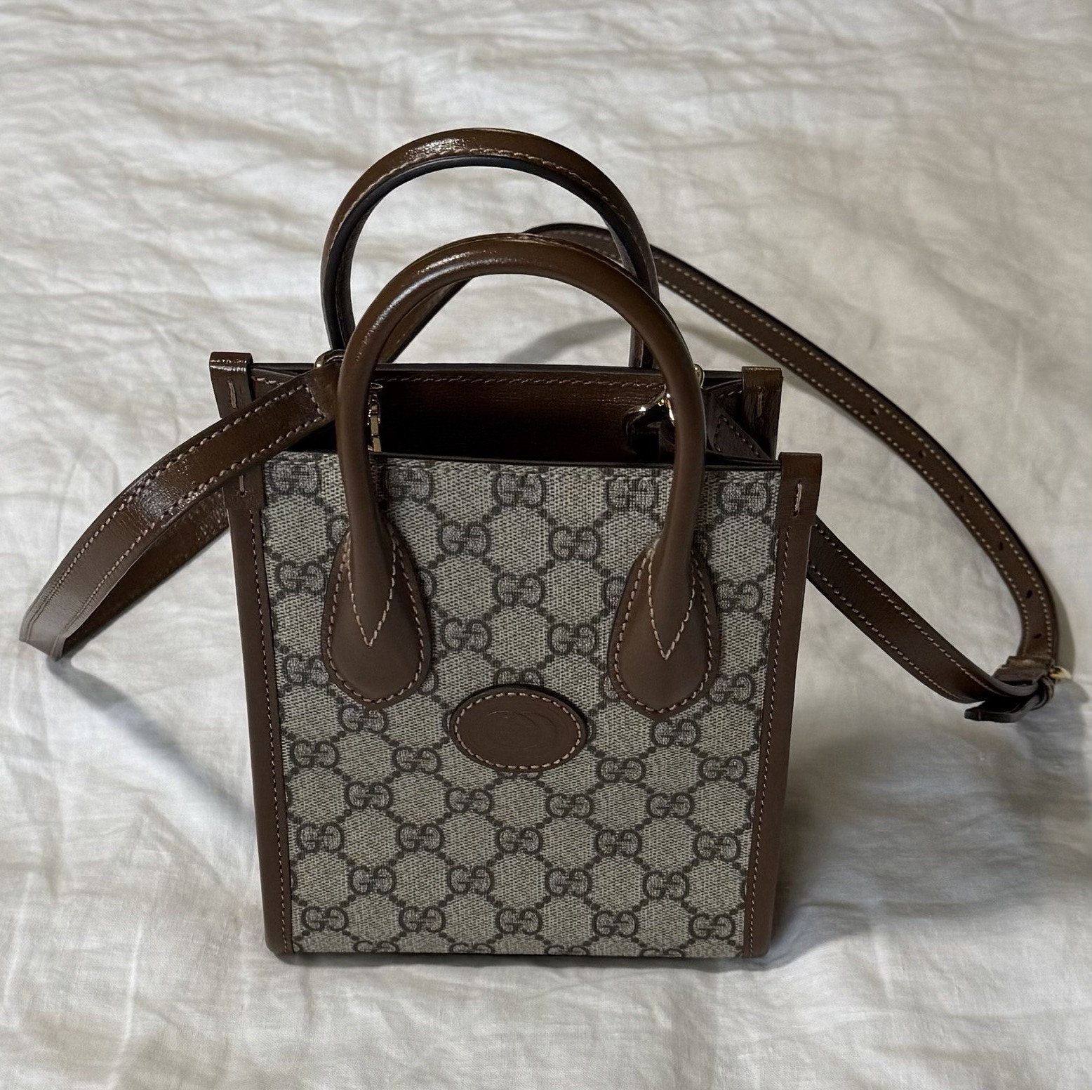 Gucci GG Monogram Mini Tote Crossbody Bag Beige Brown