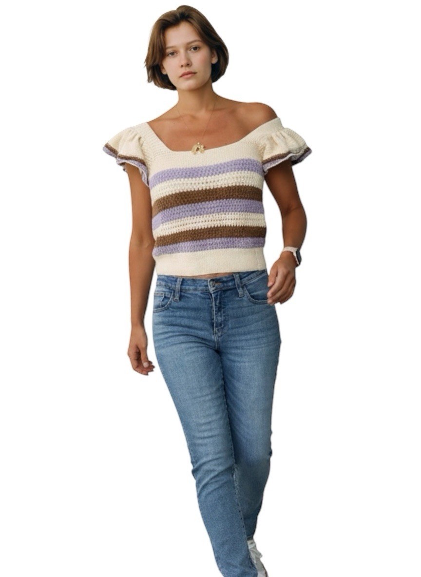 MNG Mango Beige Striped Knit Ruffle Flutter Sleeve Square Neck Cropped Top S