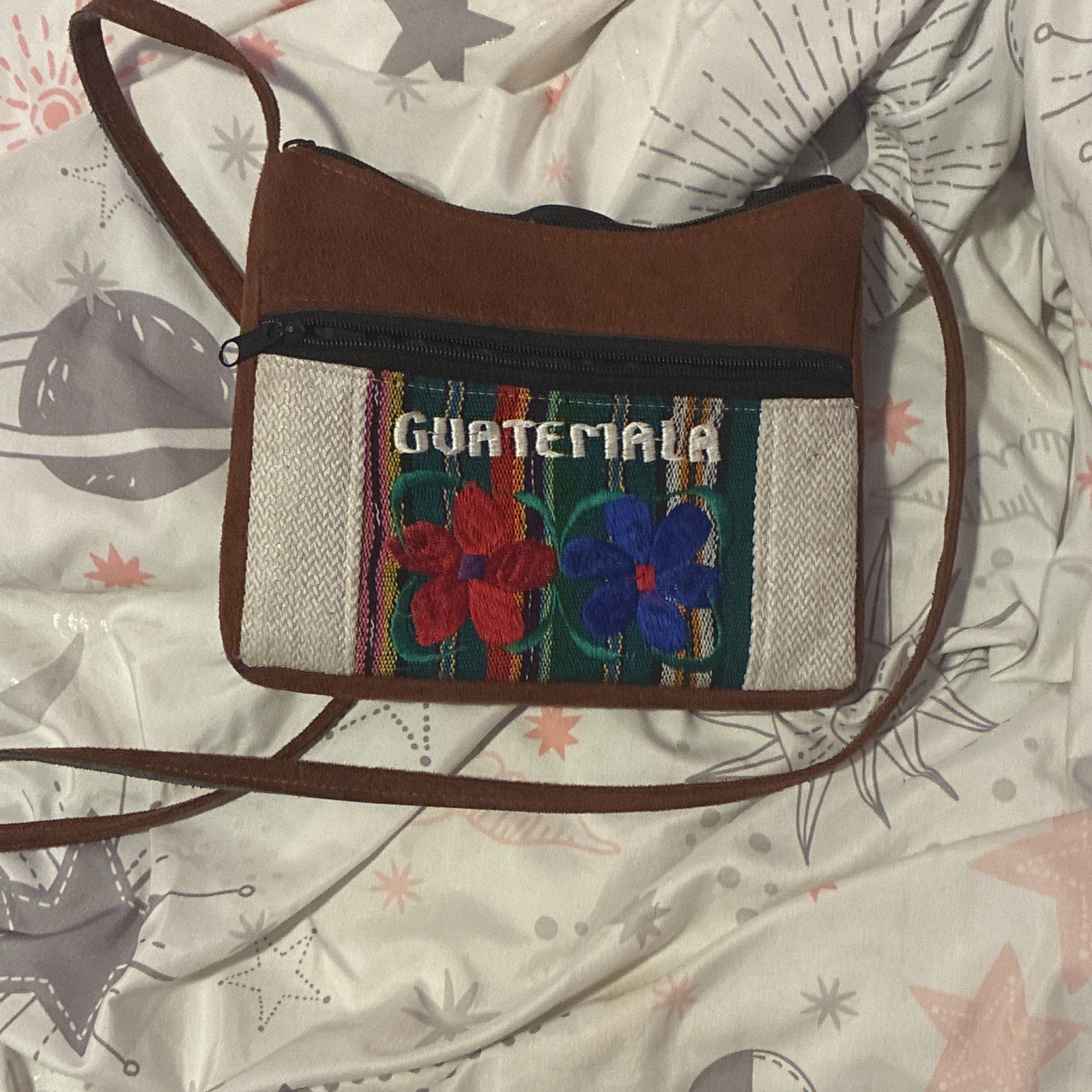 Guatemala Embroidered Floral Zip Small Crossbody Bag Brown Beige Multicolor