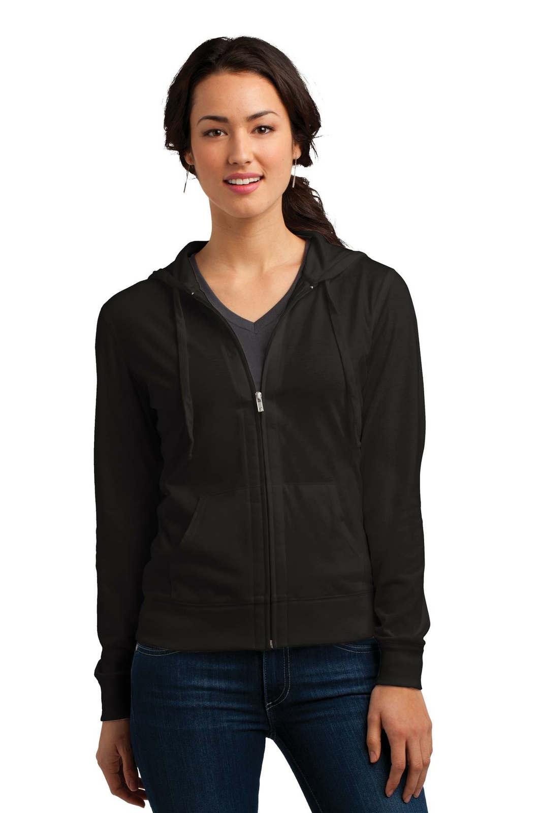 District Womens Long Sleeve Fitted Jersey Full Zip Hoodie With Pockets DT2100