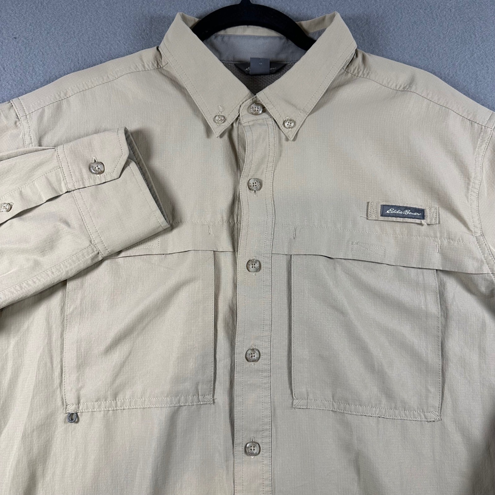 Eddie Bauer Mens Long Sleeve Fishing Shirt Tan Khaki Vented Ripstop Size TL