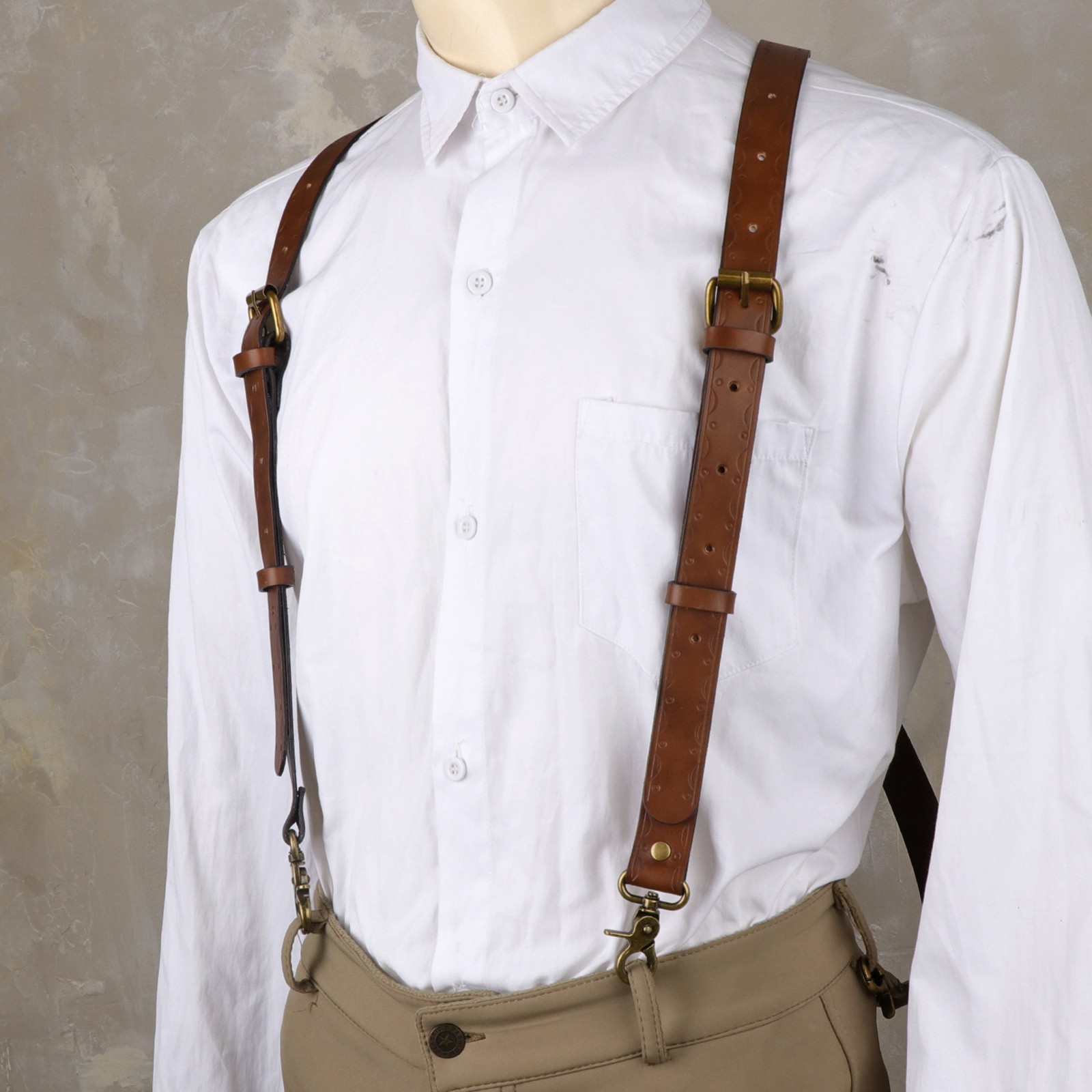 Vintage Leather X-Back Men Suspenders – Adjustable Heavy Duty Metal Hooks Casual