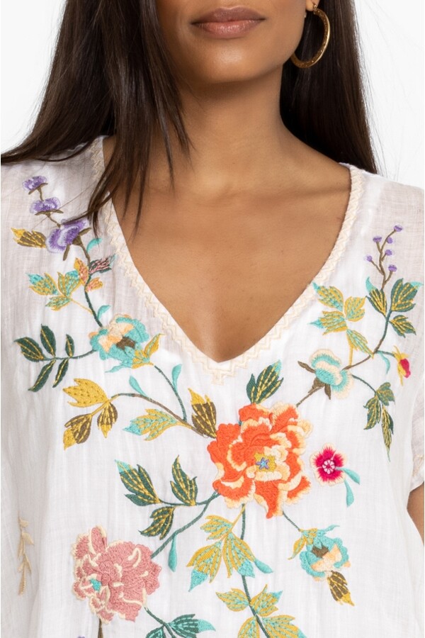 Johnny Was Adele Drape Tunic Dress Floral Embroidery Flowers White Ramie New