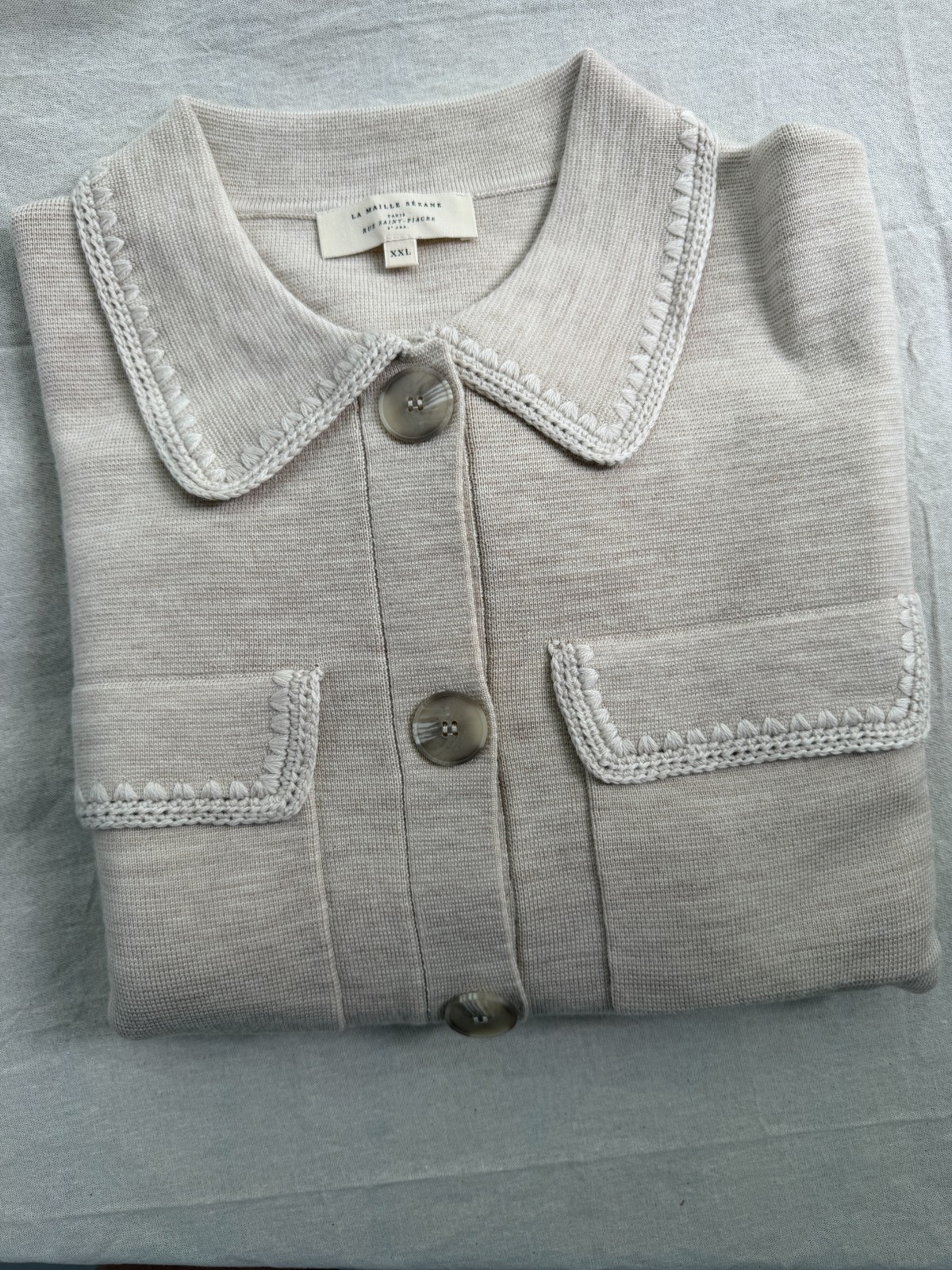 Sezane Betty Cardigan in Mottled Beige Crochet