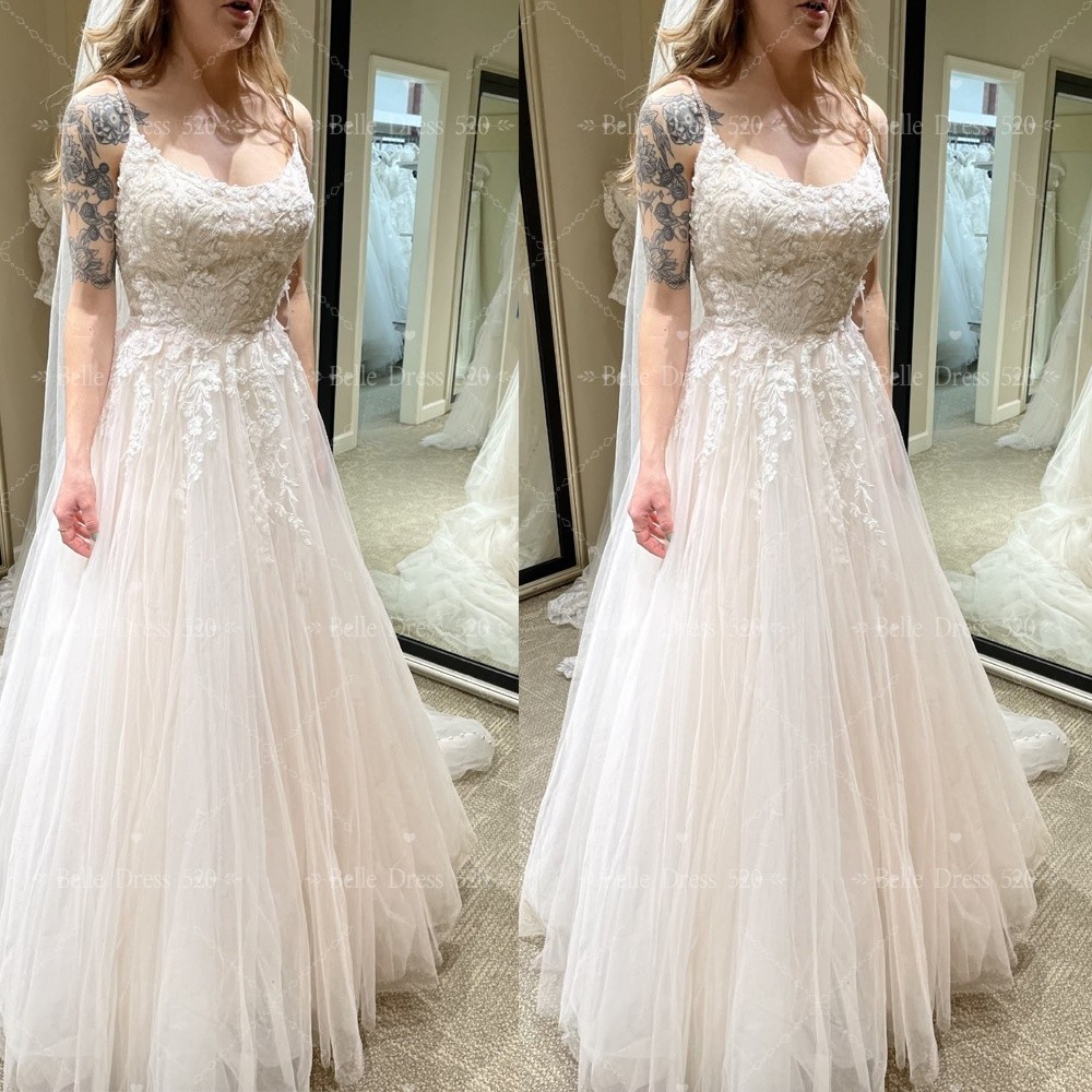 Wedding Dresses Spaghetti Straps Lace Applique Sweep Train Romantic Bridal Gowns