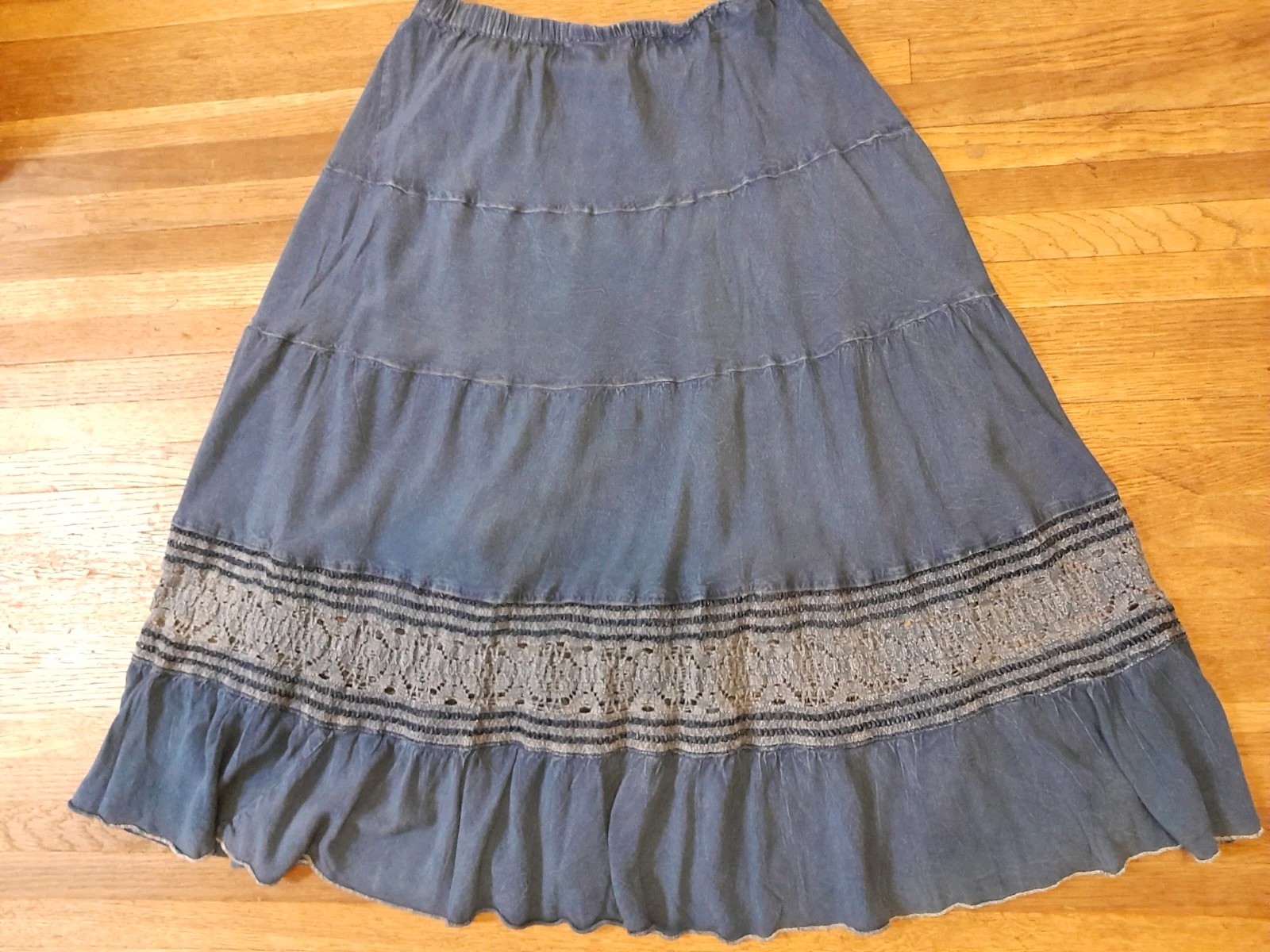 Womens Tiered Crochet Accent Ruffle Hem Cowgirl Casual Pull On Midi Skirt Sz PM