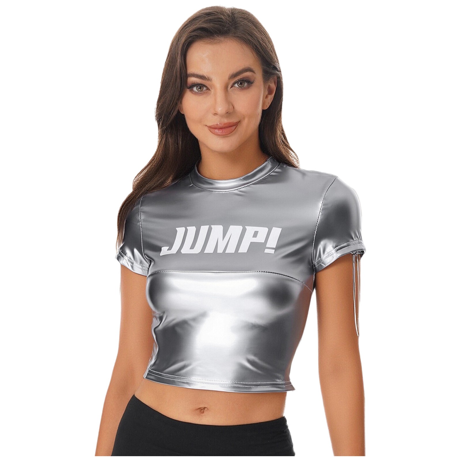 Women Club Glossy Crop Top Letter Print Crew Neck Short Sleeve Going Out Shirt