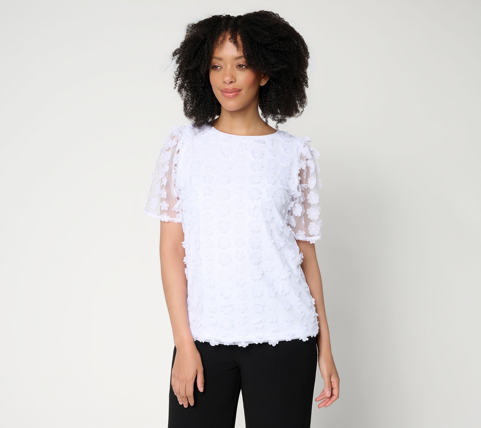 Dennis Basso Knit Top with Floral Mesh Overlay White L New