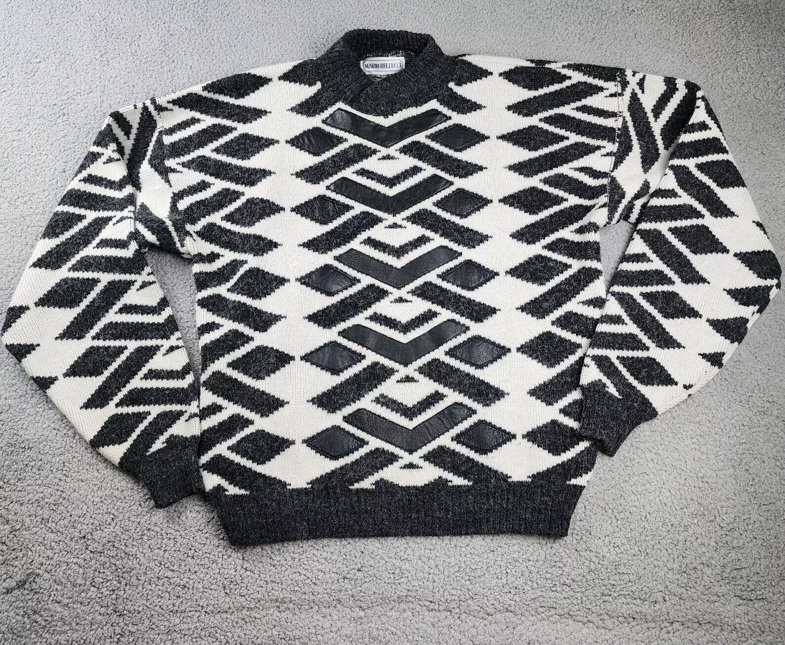 Vintage Mario Bellucci Sweater Mens L Cable Knit Chunky Fisherman Aztec Leather