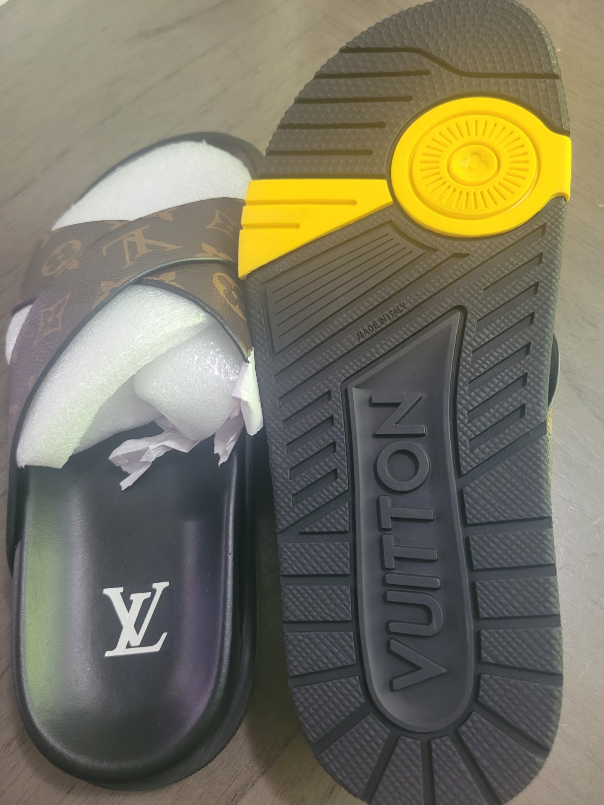 Louis Vuitton Monogram Logo Slide Sandals Leather Black Brown Yellow Men 40