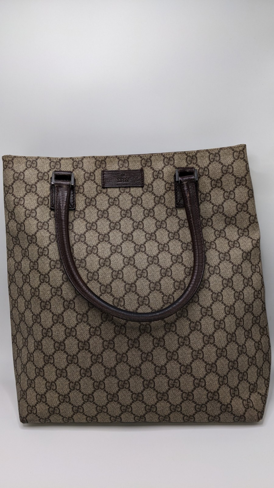 Gucci GG Supreme Monogram Canvas Brown Leather Large Tote Shopper Bag