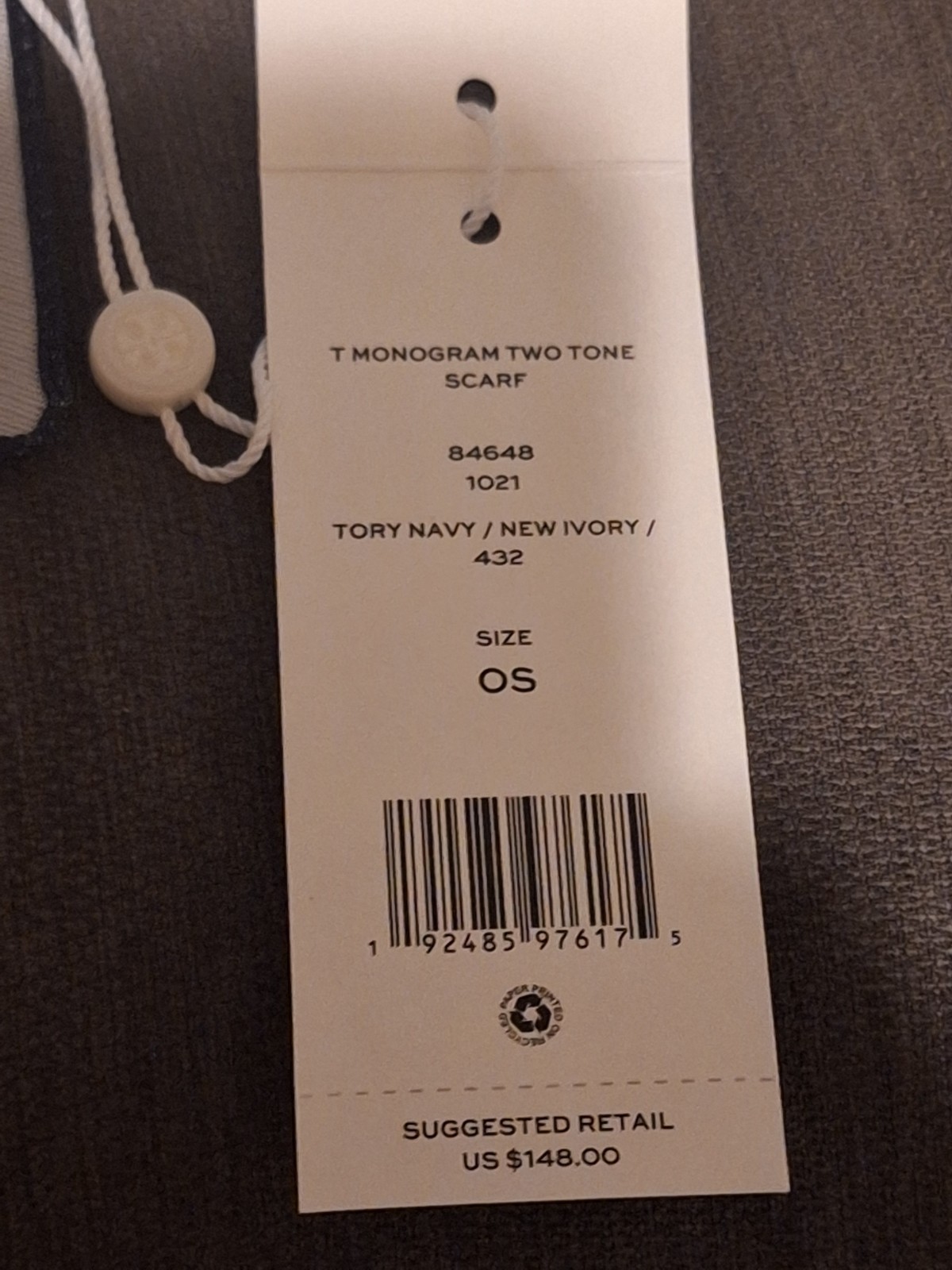 Brand New Tory Burch T Monogram Two Tone Scarf Tory Navy/New Ivory 27 X 27 In.